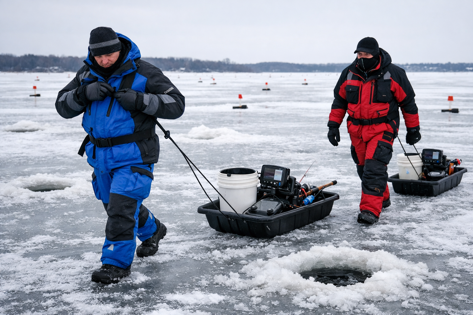 Detailed landscape format (1536x1024) action photograph of two ice anglers in float suits walking between multiple drilled holes on a snow-d