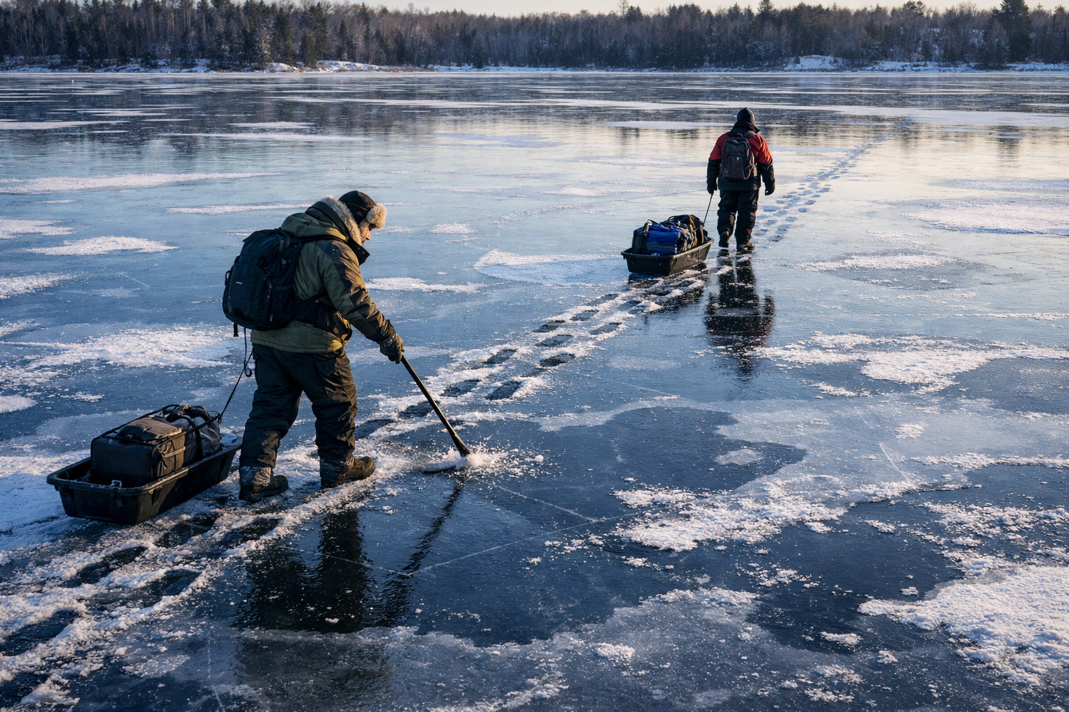 Detailed landscape format (1536x1024) aerial perspective editorial photo of two ice anglers walking in single file across early-season lake 