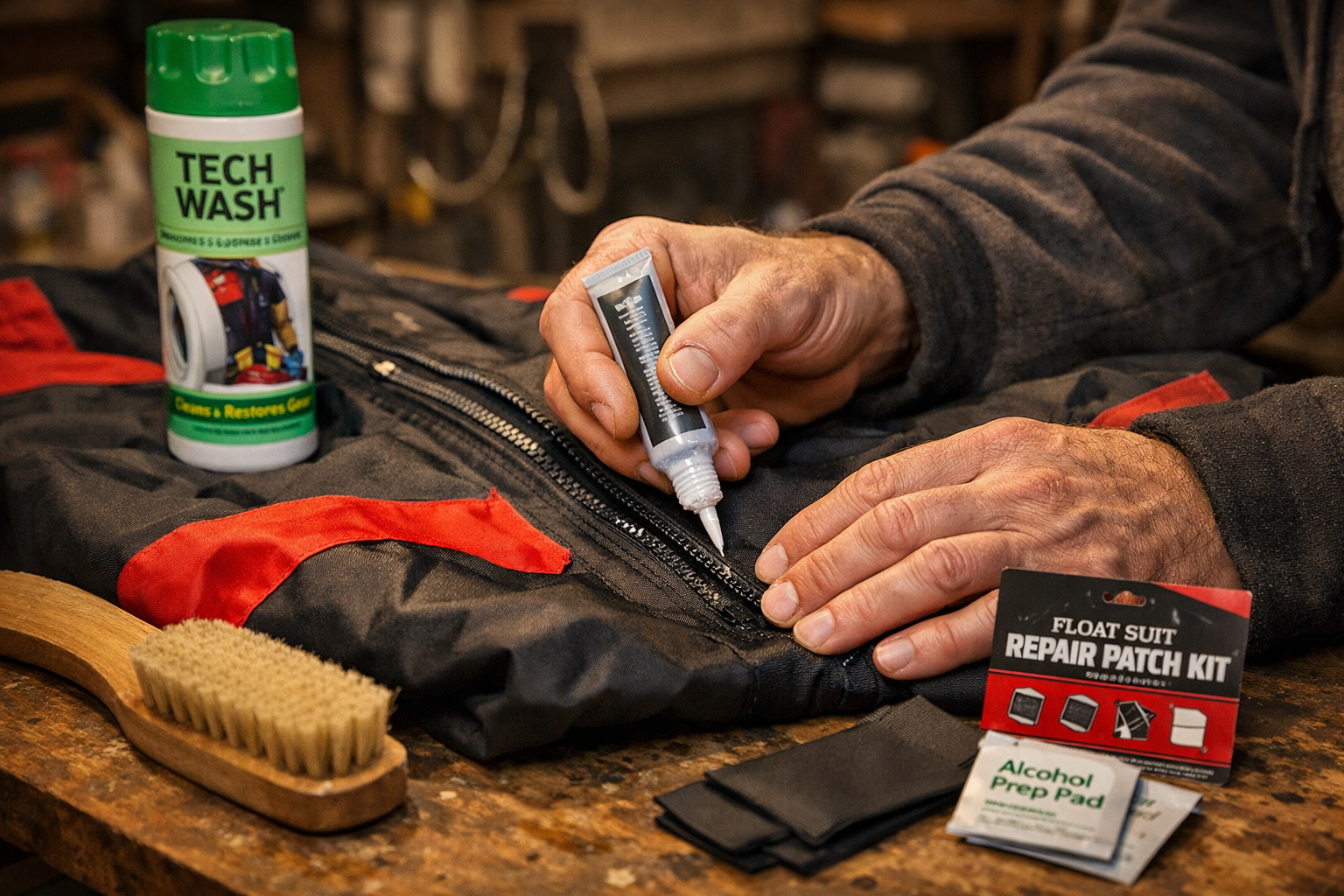 Detailed landscape format (1536x1024) close-up editorial photograph showing an ice angler's hands performing float suit maintenance: applyin