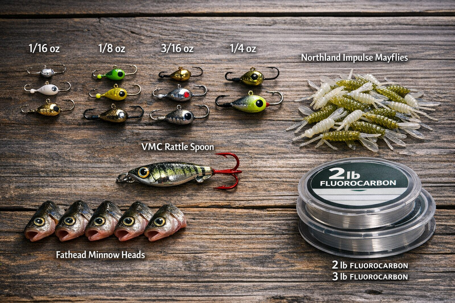 Detailed landscape format (1536x1024) close-up photograph of ice fishing jigging rigs laid out on a wooden surface: tungsten jigs in 3mm to 