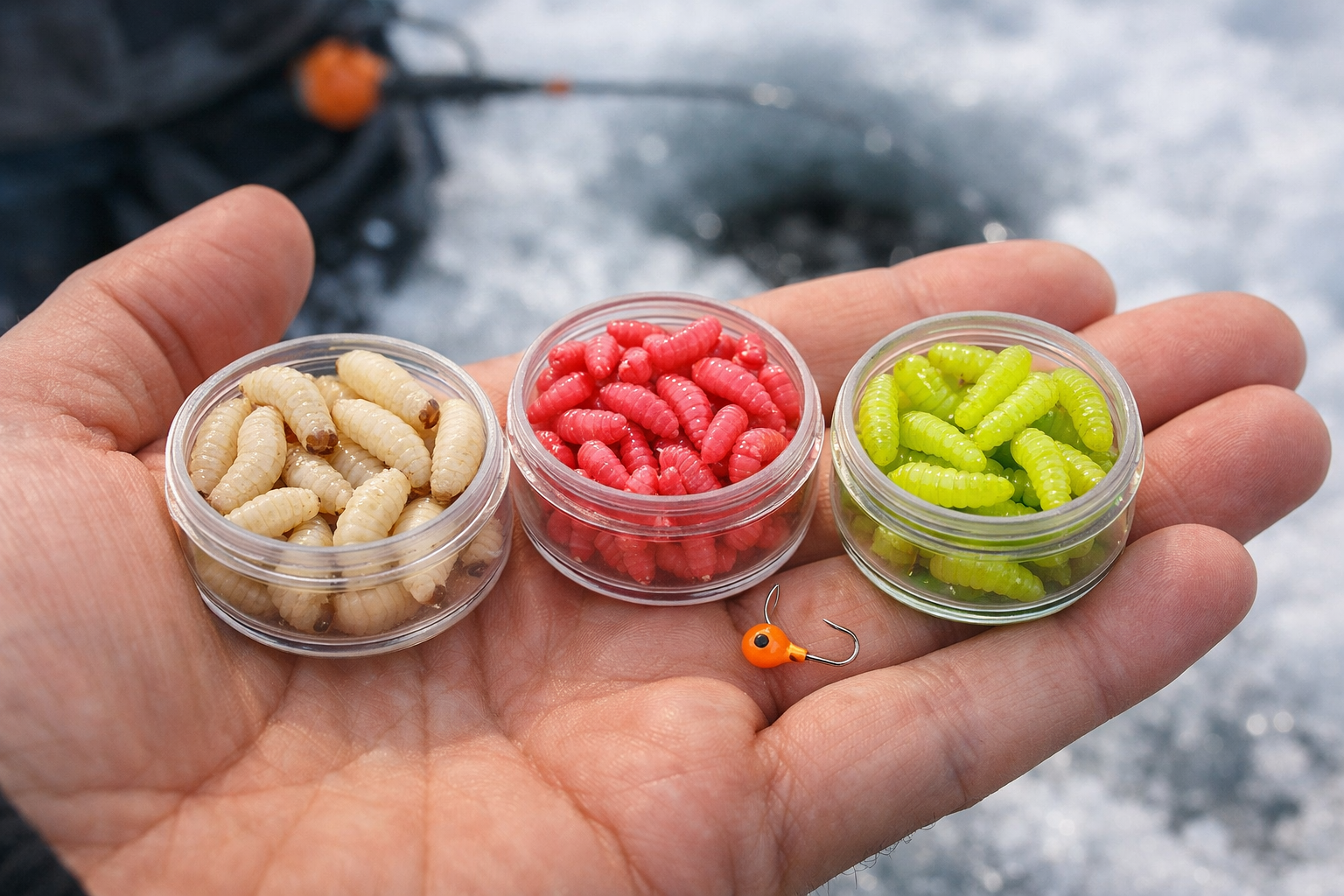 Detailed landscape format (1536x1024) close-up photograph style image of an open palm holding three small containers: one with plump white w