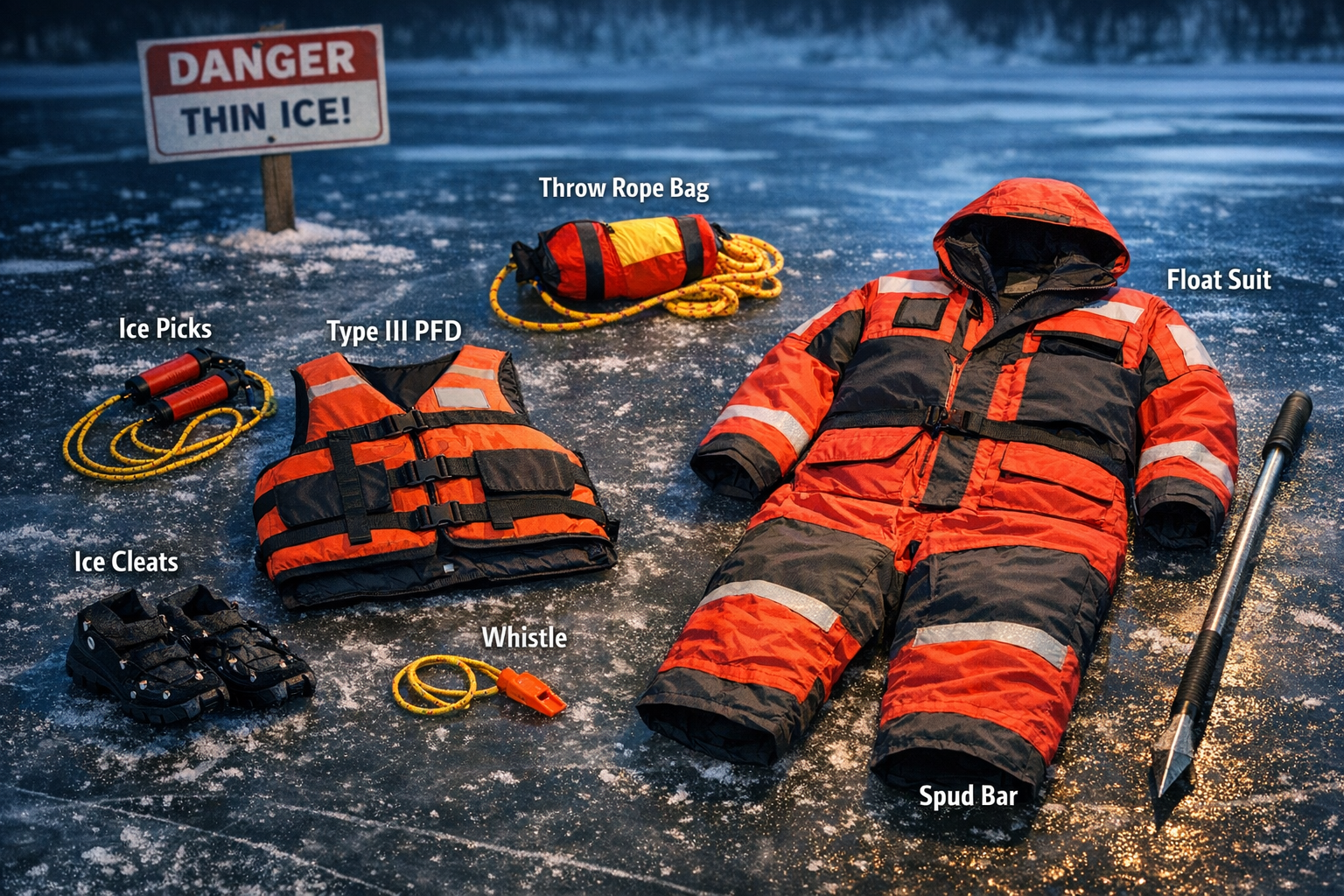 Detailed landscape format (1536x1024) dramatic editorial photograph of ice safety rescue gear laid out on frozen lake surface in organized f
