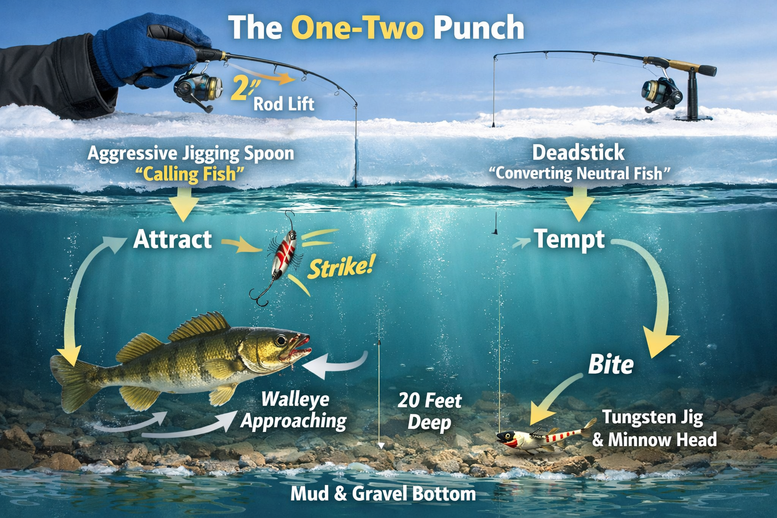 Detailed landscape format (1536x1024) editorial illustration showing a cross-section view of ice and shallow water under 20 feet deep, with 