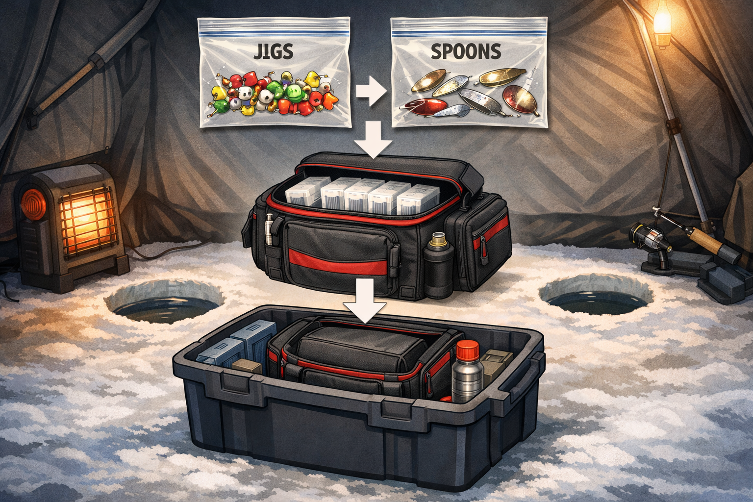 Detailed landscape format (1536x1024) editorial illustration showing a step-by-step nested storage system for ice shelter tackle organizatio