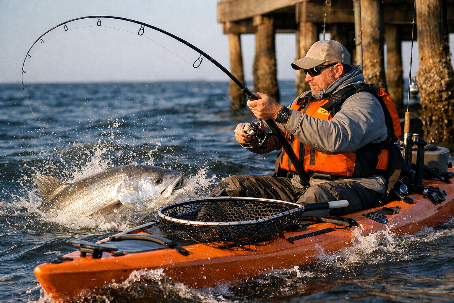 Detailed landscape format (1536x1024) editorial image of a kayak angler in full gear fighting a large inshore fish from a sit-on-top kayak i