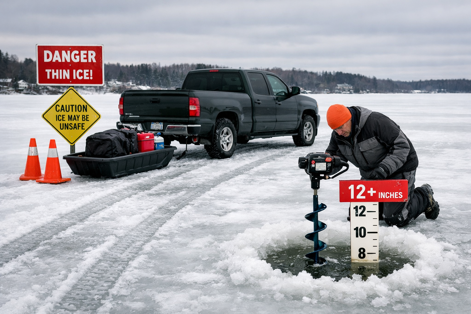 Detailed landscape format (1536x1024) editorial image of a pickup truck with an ice fishing sled parked at the edge of a frozen lake, with v