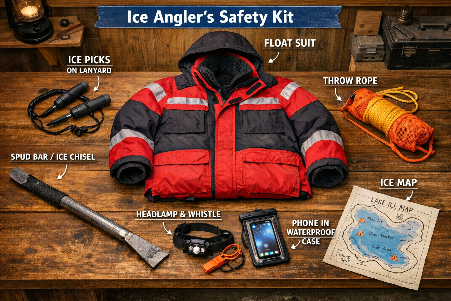 Detailed landscape format (1536x1024) editorial image of an ice angler's safety kit laid out on a wooden table: ice picks on a lanyard, floa