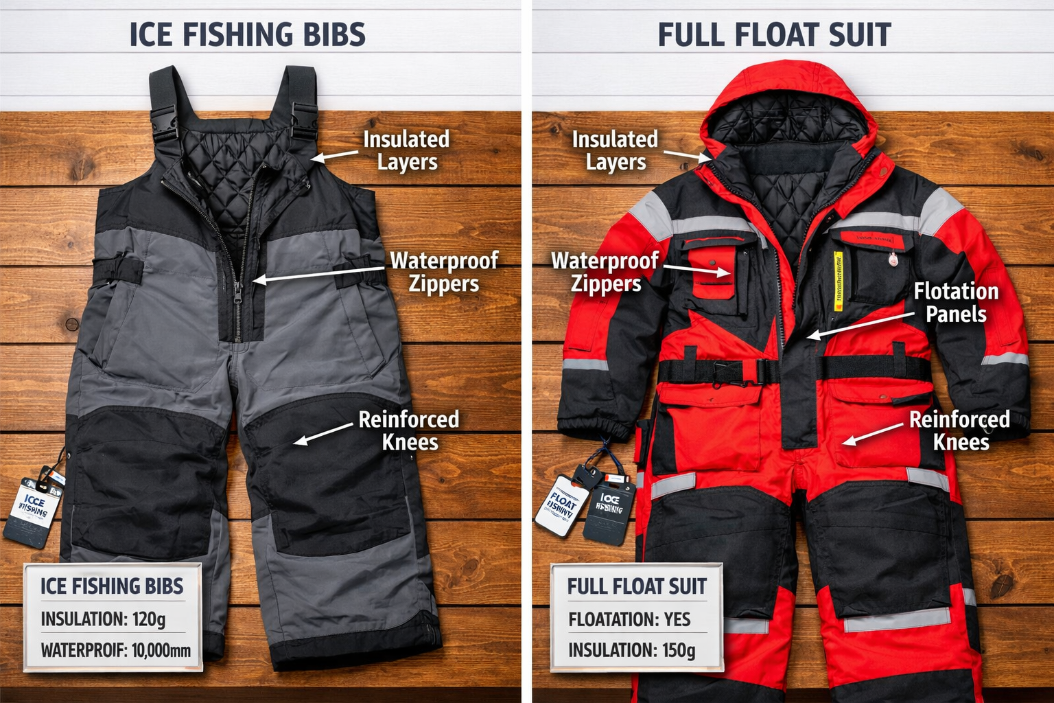Detailed landscape format (1536x1024) editorial image showing a close-up comparison layout of ice fishing bibs on the left and a full float 