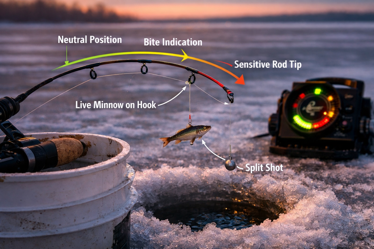 Detailed landscape format (1536x1024) editorial image showing a close-up of an ice fishing deadstick rod propped across a bucket rim beside 
