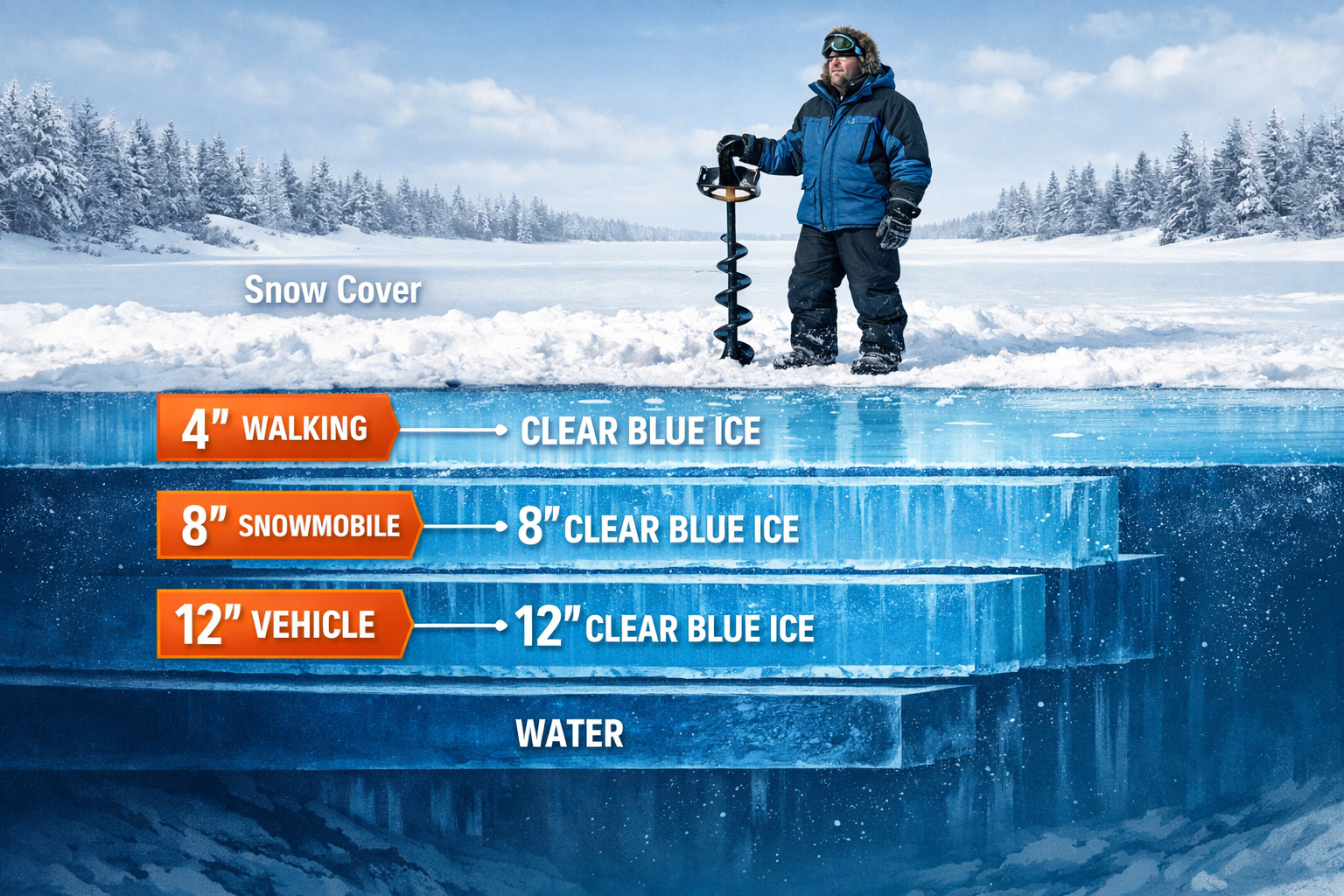 Detailed landscape format (1536x1024) editorial image showing a cross-section diagram of lake ice layers with labels: clear blue ice at 4 in