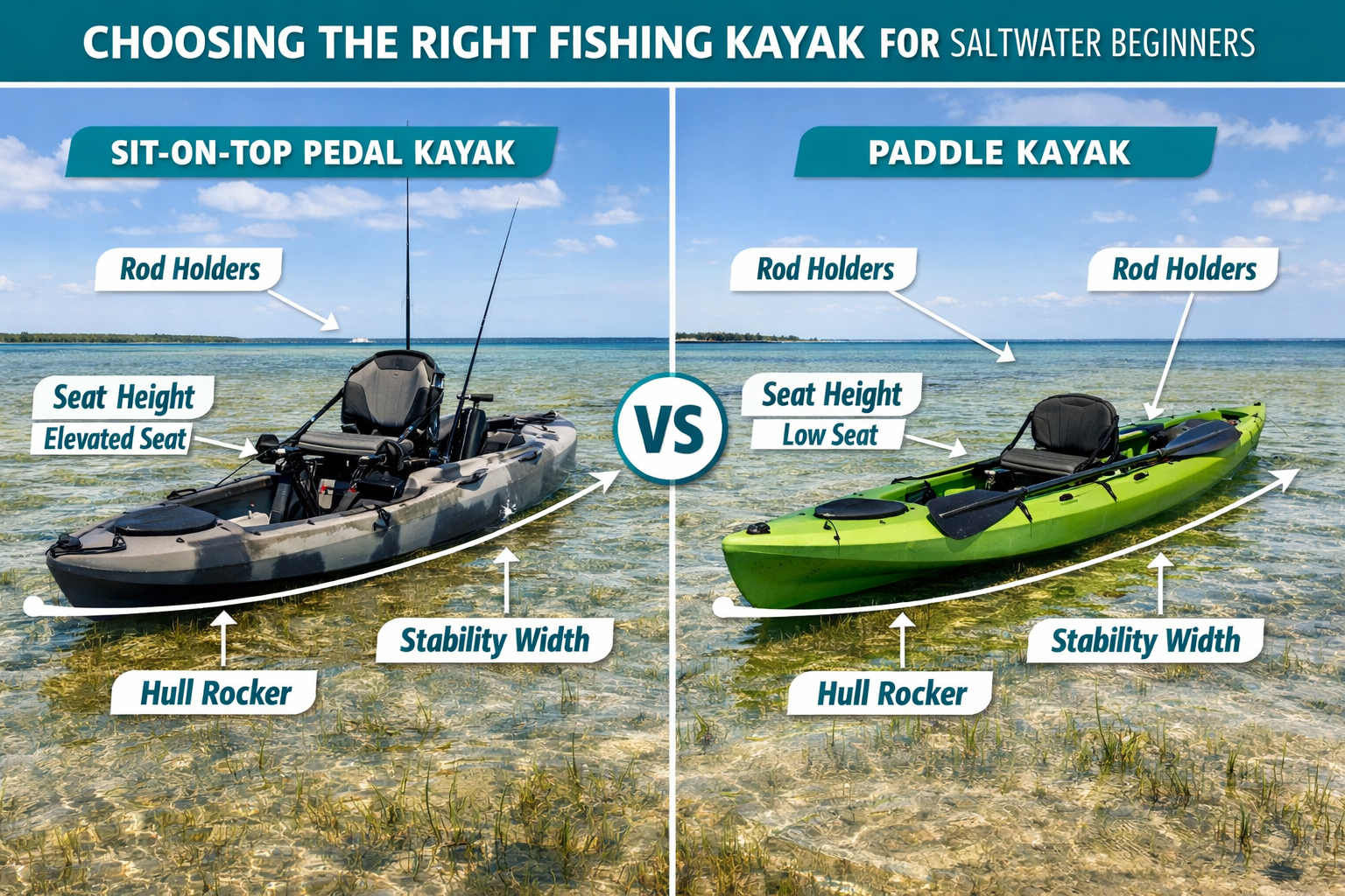 Detailed landscape format (1536x1024) editorial image showing a side-by-side comparison of two fishing kayaks: a sit-on-top kayak with pedal