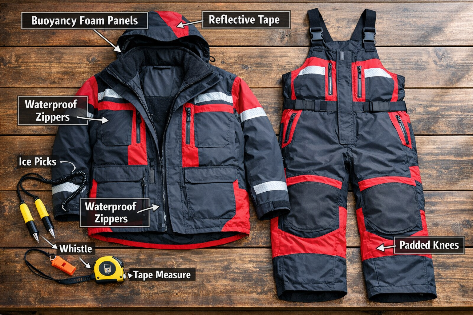 Detailed landscape format (1536x1024) editorial photo of a professional ice fishing float suit laid flat on a wooden table, showing the full