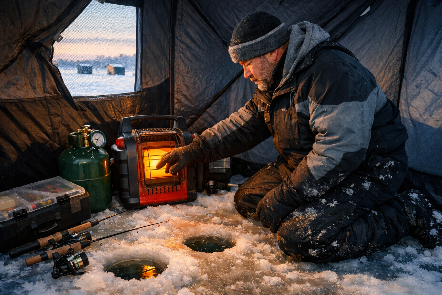 Detailed landscape format (1536x1024) editorial photo of an ice angler in winter gear kneeling inside a large hub shelter on a frozen lake, 