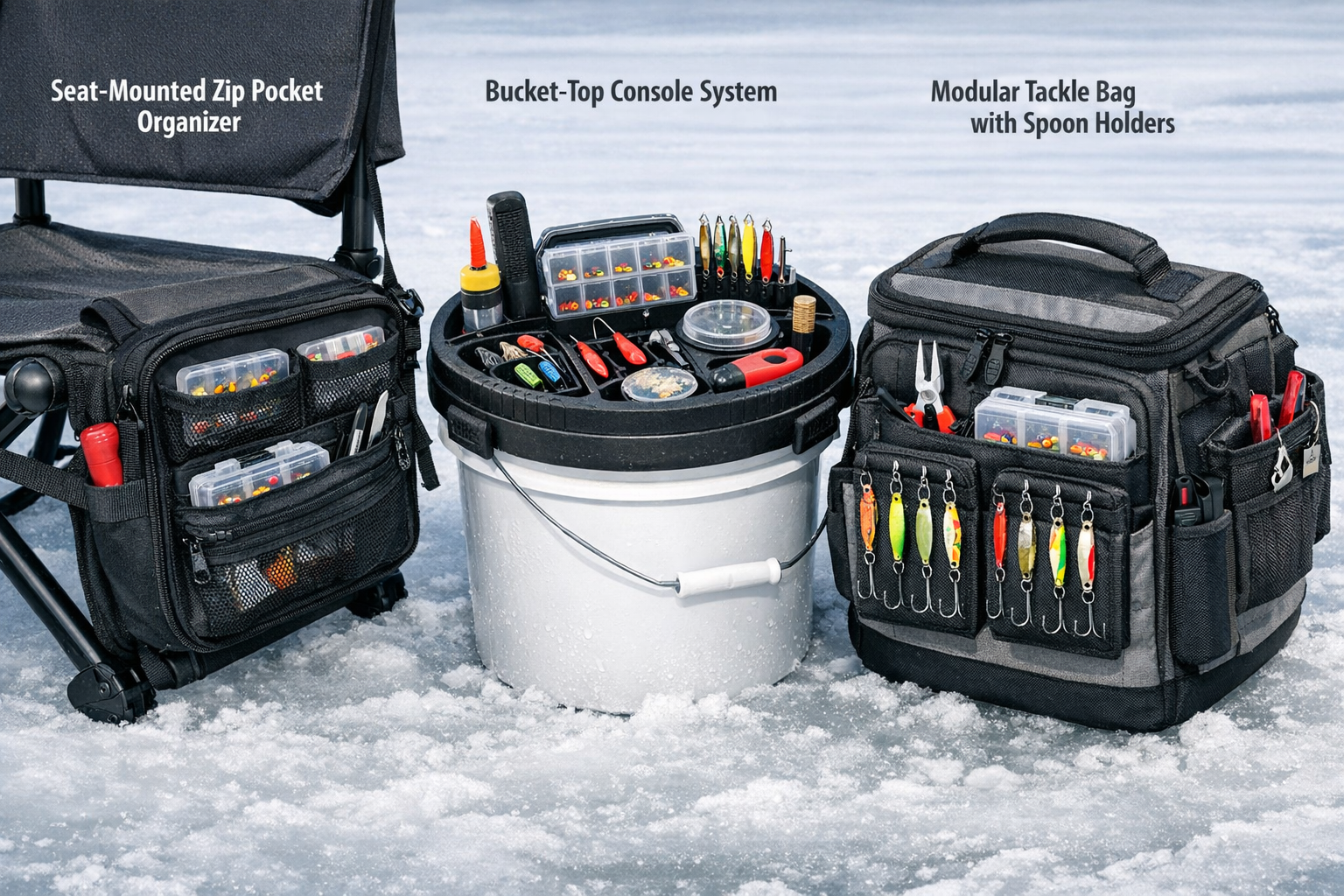 Detailed landscape format (1536x1024) editorial photo showing a close-up comparison layout of three compact tackle organizer types for ice f