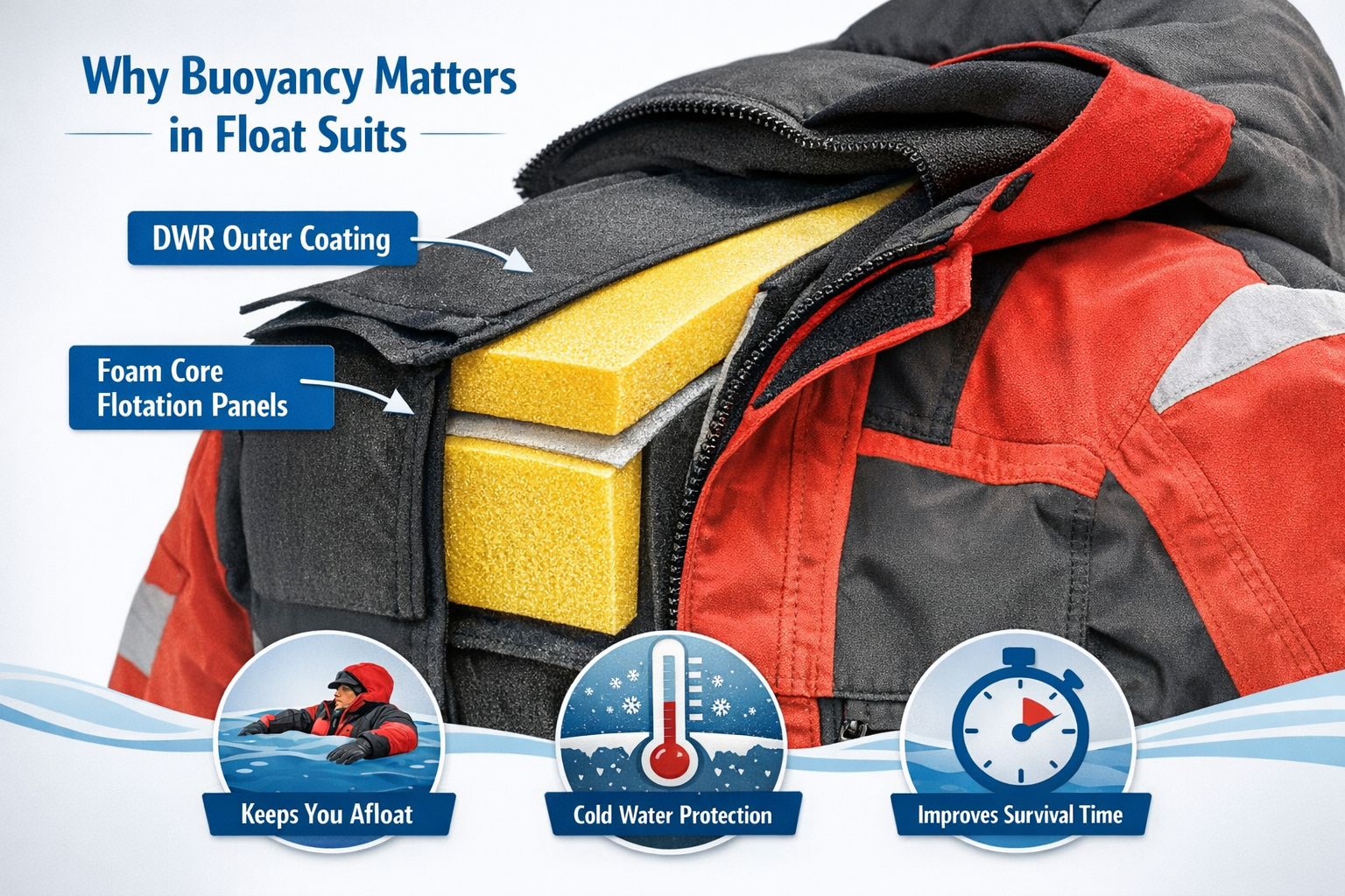 Detailed landscape format (1536x1024) editorial photo showing a close-up cross-section of an ice fishing float suit with visible closed-cell