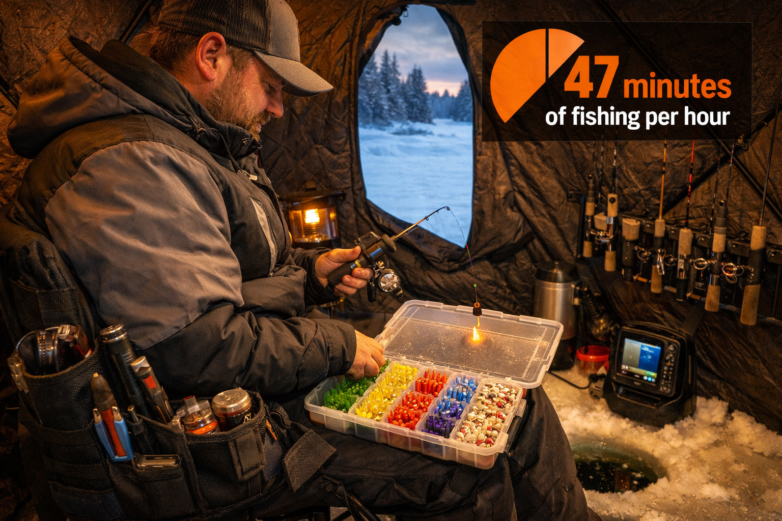 Detailed landscape format (1536x1024) editorial photo showing an angler inside a hub-style ice shelter with a fully organized tackle station