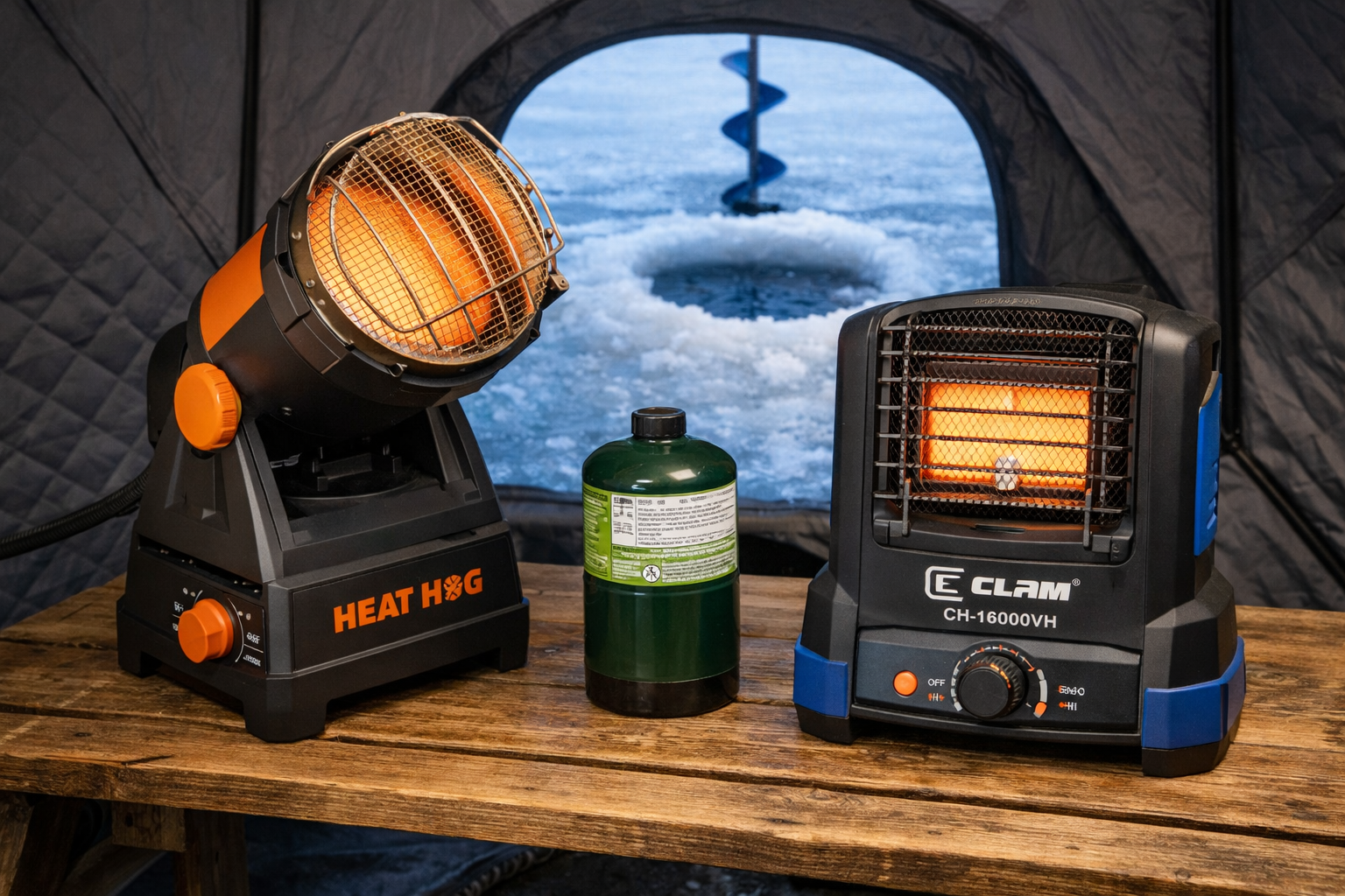Detailed landscape format (1536x1024) editorial photo showing two portable propane heaters side by side on a wooden table inside an ice fish