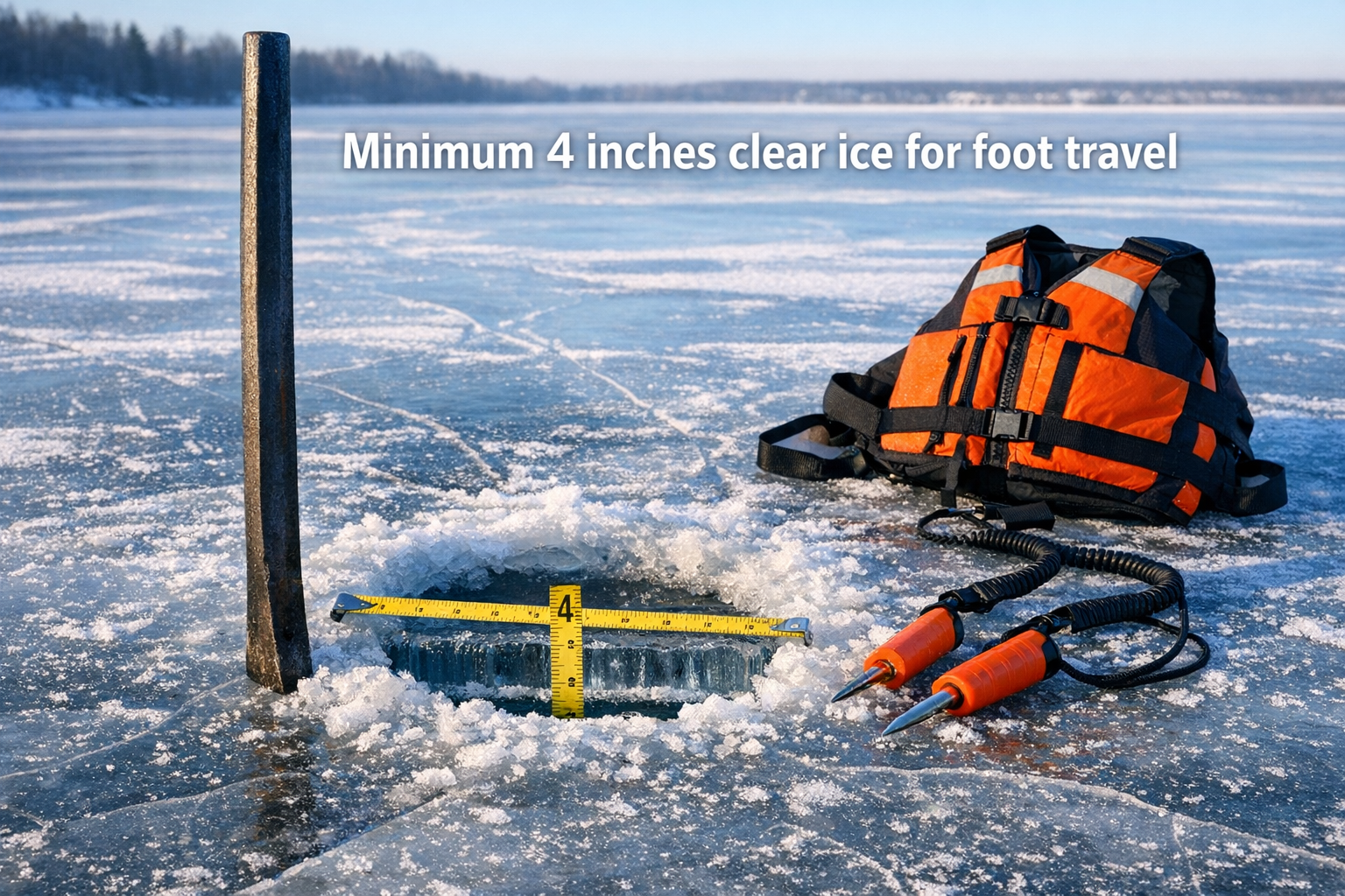 Detailed landscape format (1536x1024) editorial photograph of a heavy steel spud bar standing upright on cracked early-season ice next to a 