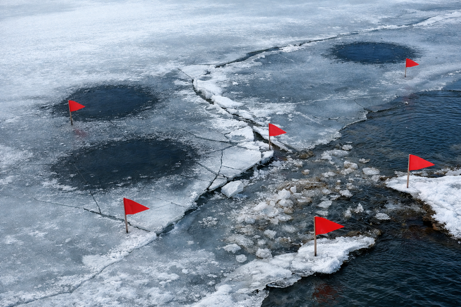 Detailed landscape format (1536x1024) editorial photograph showing dangerous variable ice conditions on a lake surface. Visible dark spots i