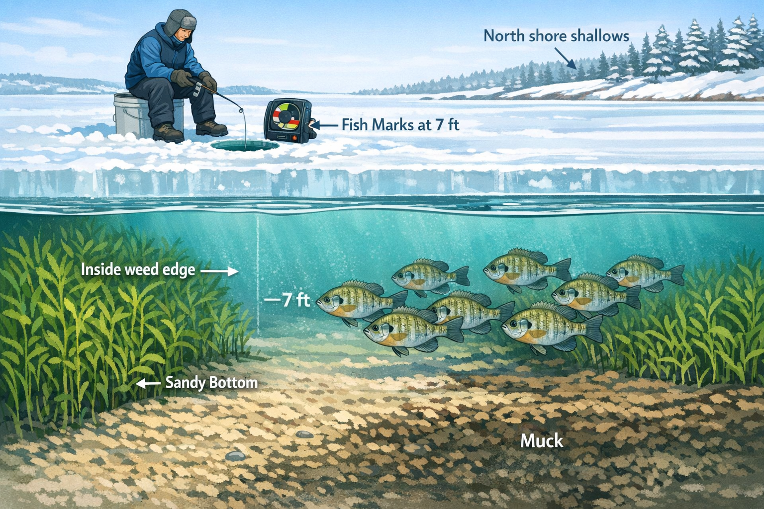Detailed landscape format (1536x1024) illustration of a cross-section view of a frozen lake showing shallow water under 10 feet deep with su