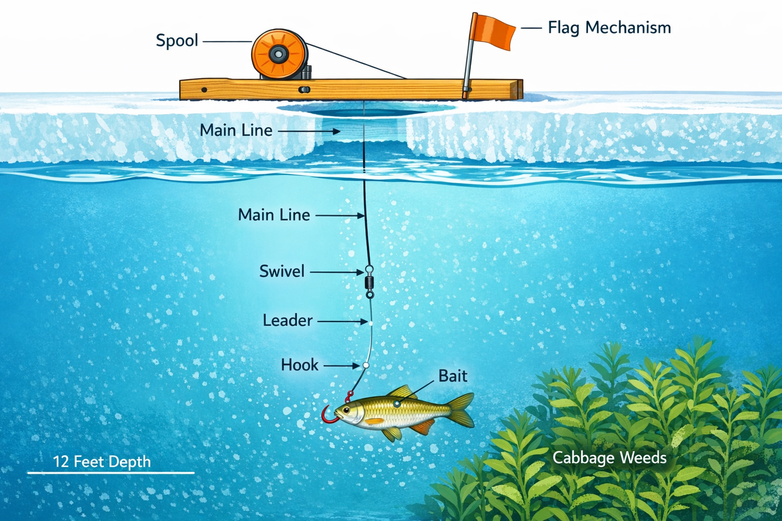 Detailed landscape format (1536x1024) illustration of a tip-up rigging diagram showing a cross-section view of ice with a Beaver Dam style t