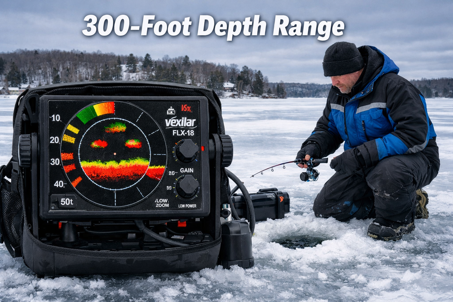 Detailed landscape format (1536x1024) image depicting a Vexilar FLX-18 flasher screen showing sonar returns at depth with visible bottom str