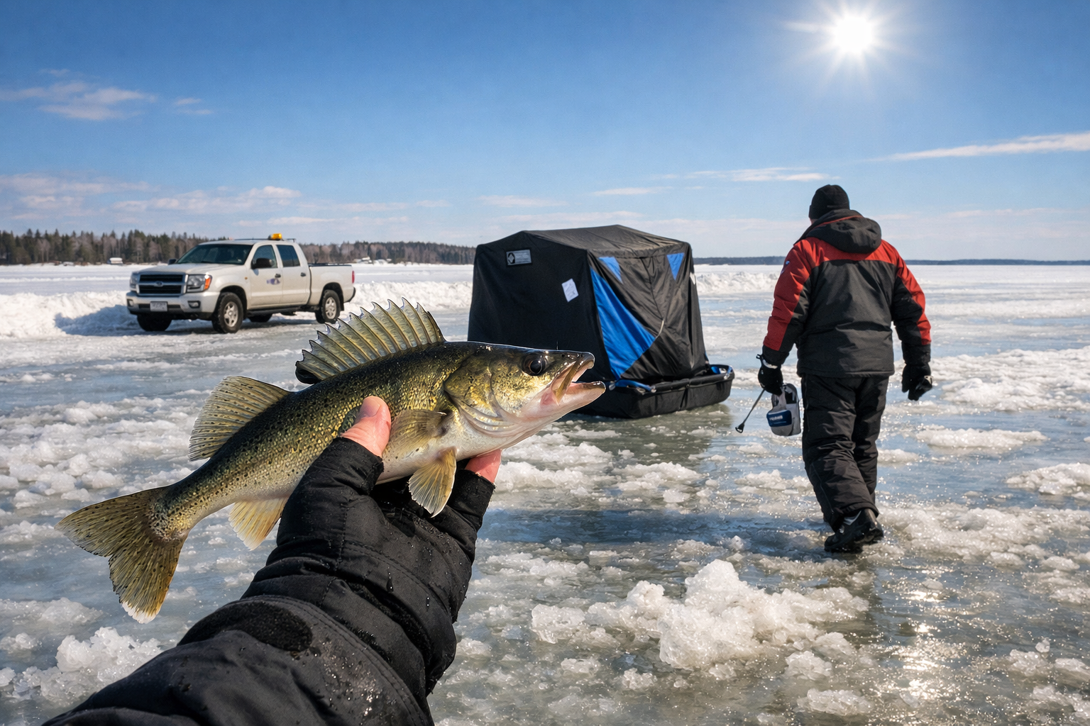 Detailed landscape format (1536x1024) image depicting a late March scene on Lake of the Woods with an angler walking on thick ice near a por