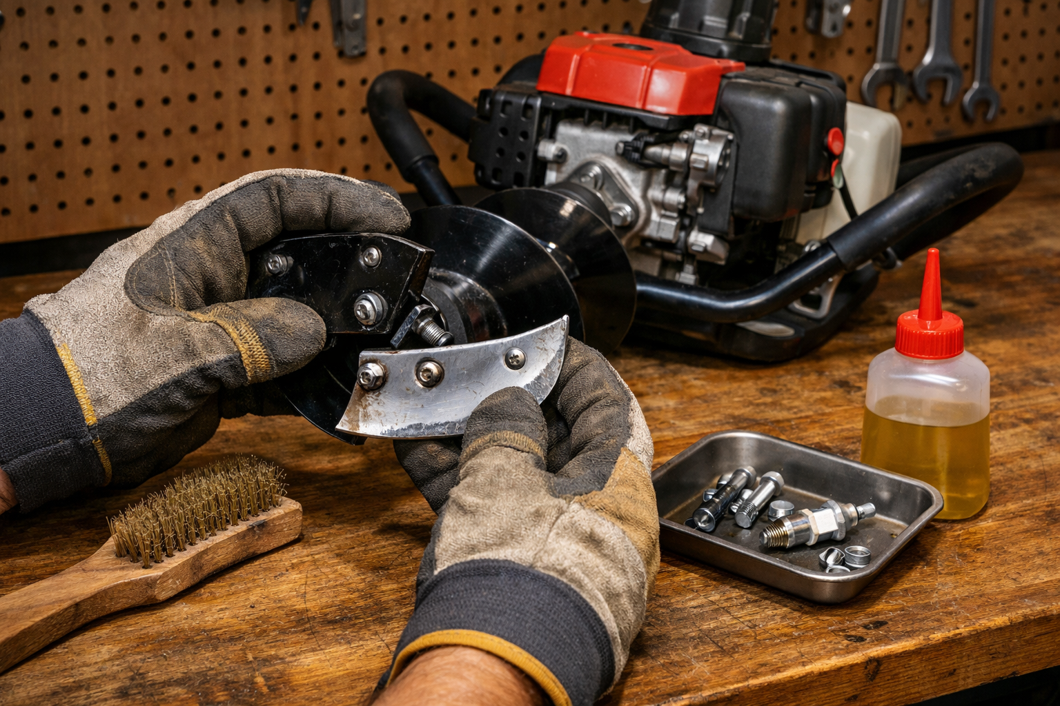 Detailed landscape format (1536x1024) image depicting hands wearing work gloves inspecting a gas ice auger blade assembly, with a wire brush