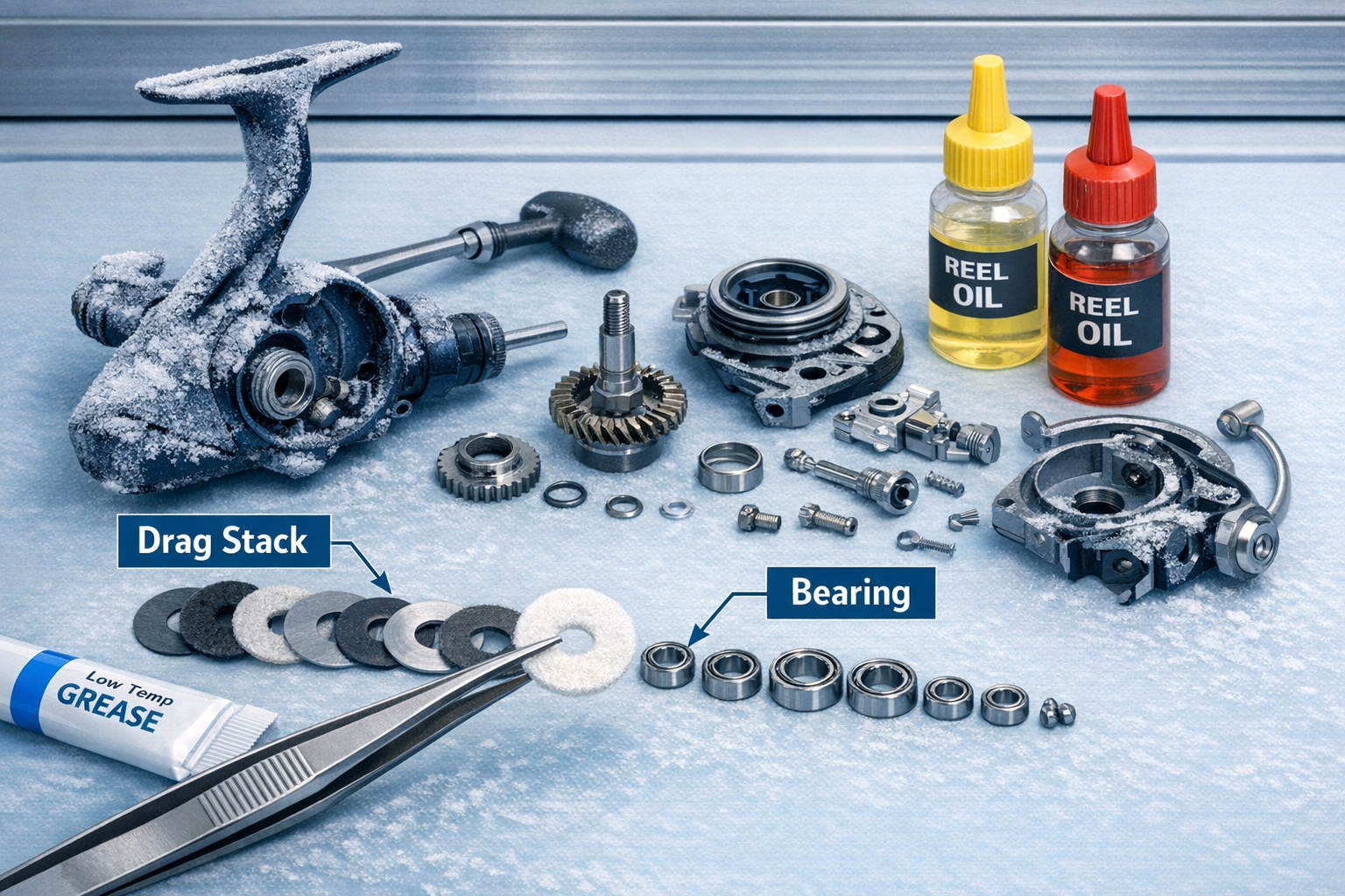 Detailed landscape format (1536x1024) image of a disassembled spinning reel laid out on a clean workbench with small tubes of low-temperatur