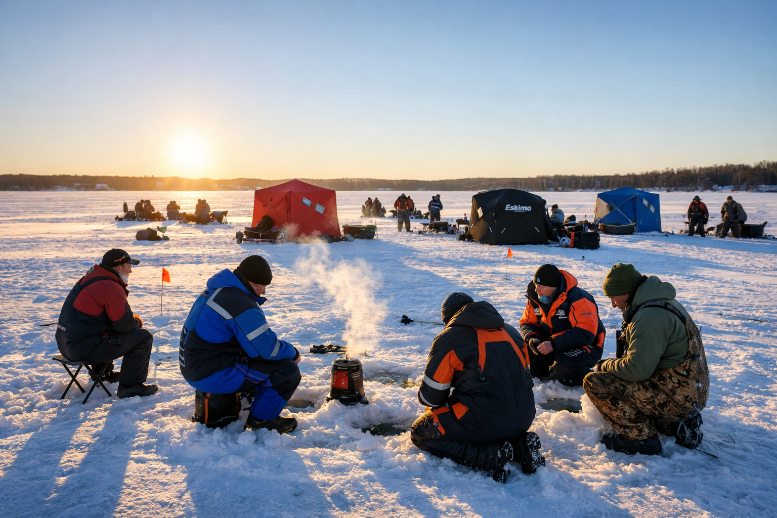 Detailed landscape format (1536x1024) image of a group of ice anglers on a large frozen lake, some wearing bibs and others in full float sui