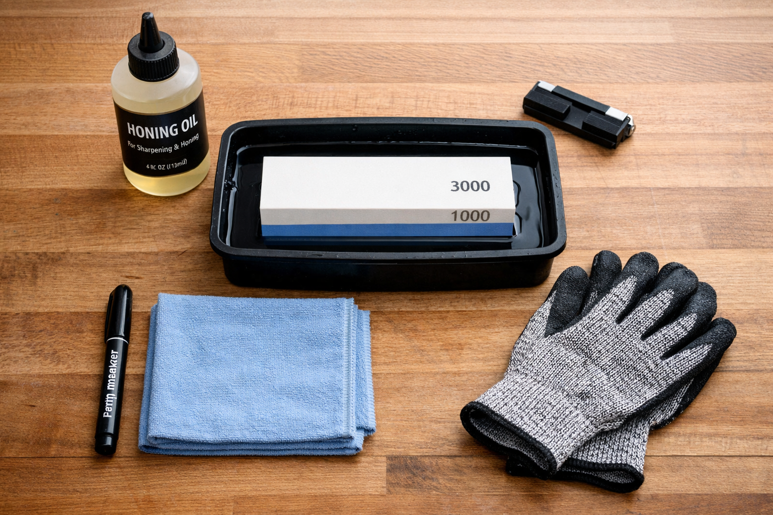 Detailed landscape format (1536x1024) image of a hands-on sharpening setup: a flat whetstone (dual grit 1000/3000 visible on sides) soaking 