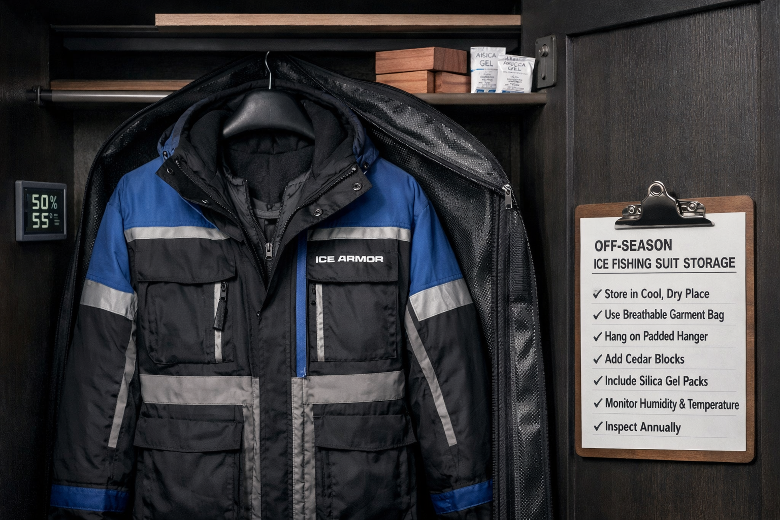 Detailed landscape format (1536x1024) image of a properly stored ice fishing suit hanging on a wide padded hanger inside a cool dark closet,