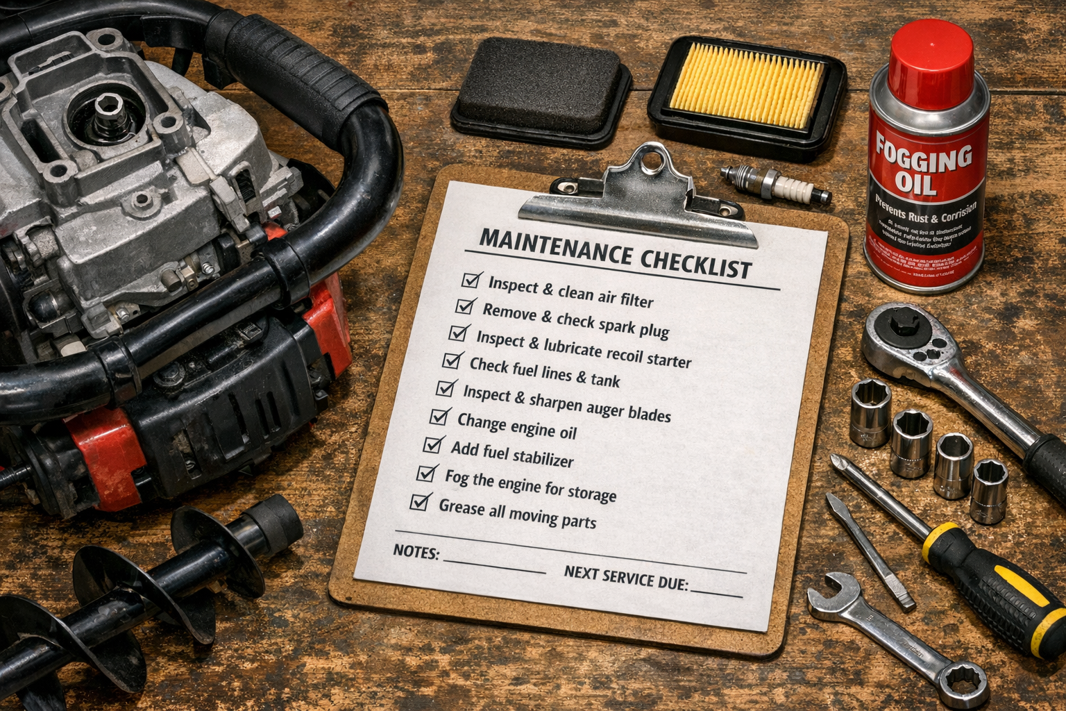 Detailed landscape format (1536x1024) image of a step-by-step maintenance checklist printed on a clipboard resting on a workbench next to a 