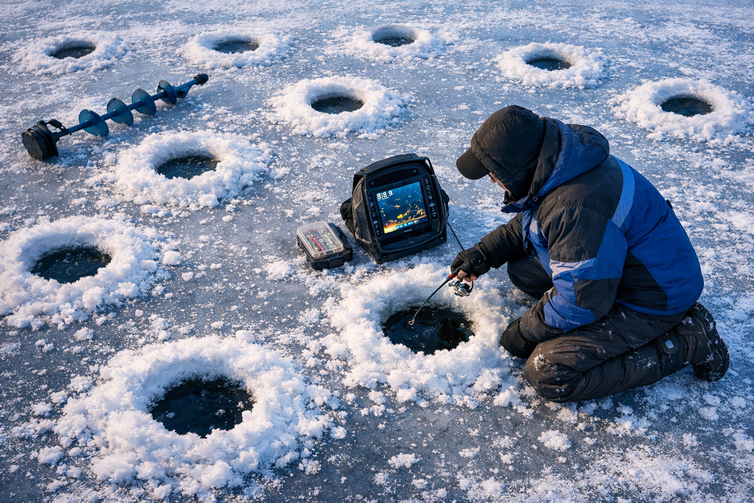 Detailed landscape format (1536x1024) image of a top-down view of an ice fishing setup on a frozen lake flat, showing a portable fish finder