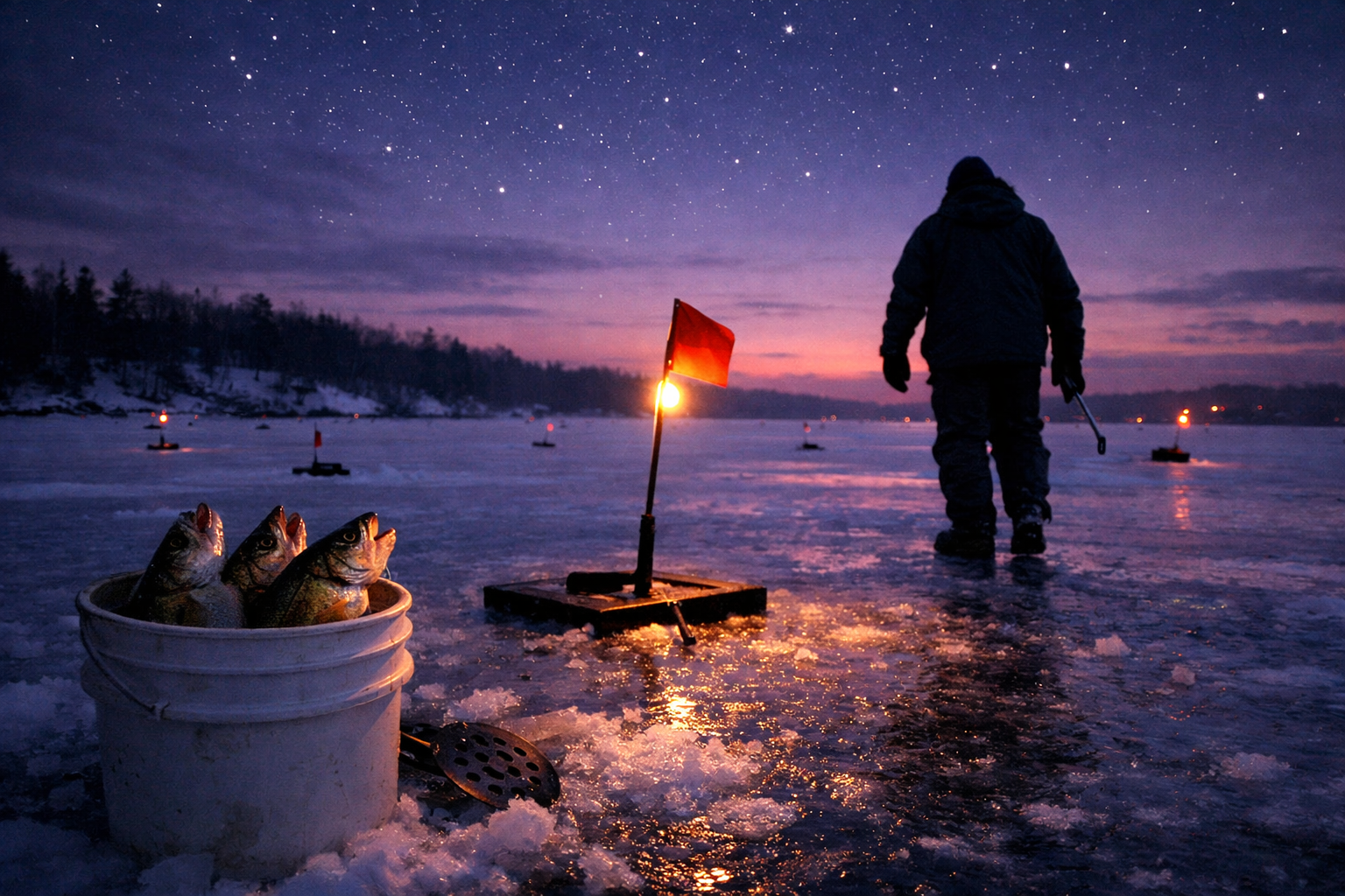 Detailed landscape format (1536x1024) image of a winter twilight scene on a northern lake with multiple tip-up flags visible across the ice,