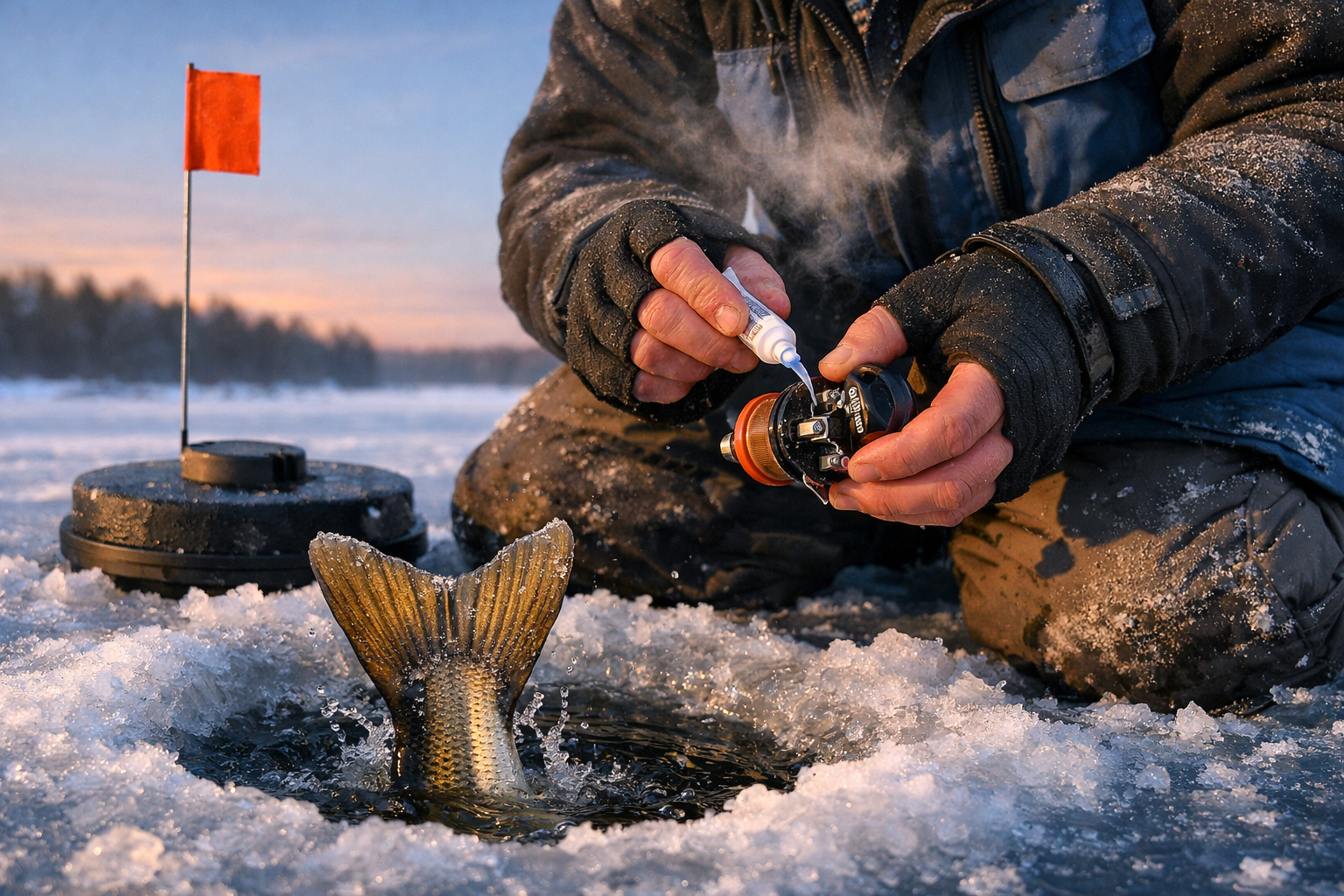 Detailed landscape format (1536x1024) image of an angler in cold weather gear kneeling on thick ice beside an ice hole, applying lubricant f