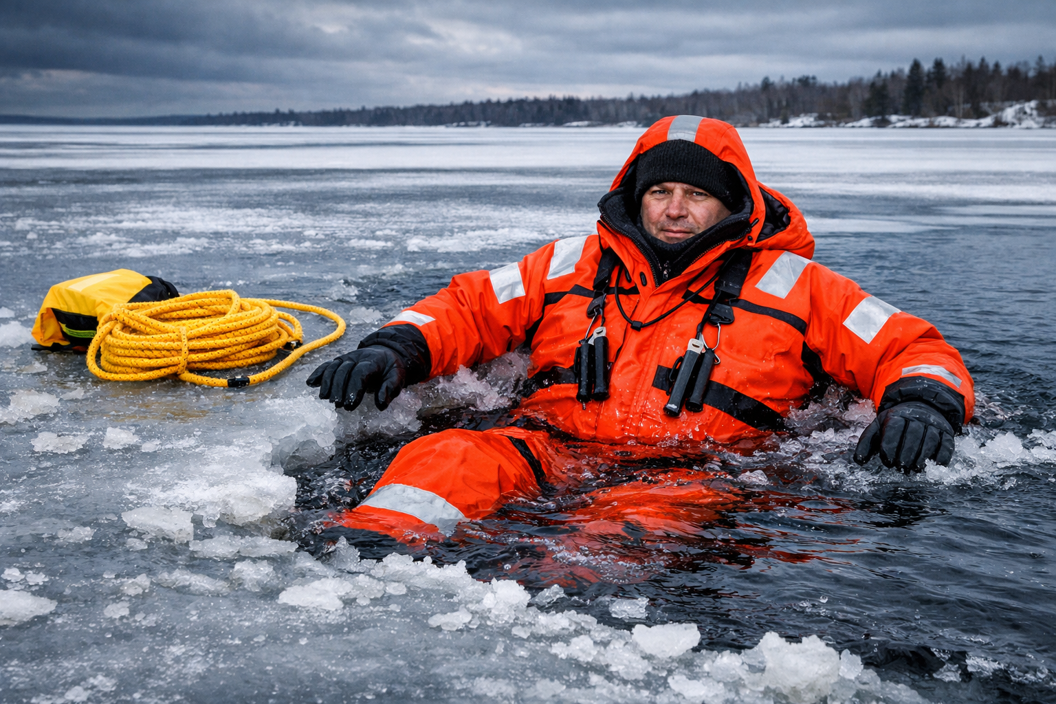 Detailed landscape format (1536x1024) image of an angler standing on thin ice near open water wearing a bright orange full float suit, demon