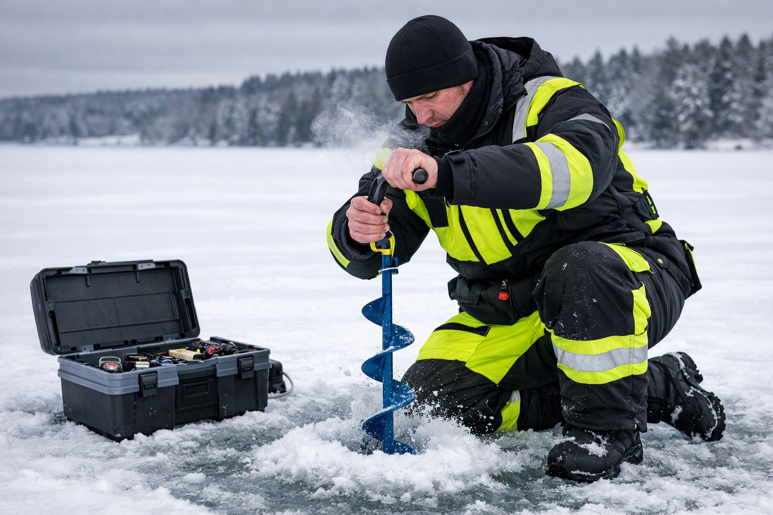 Detailed landscape format (1536x1024) image of an ice angler kneeling beside an ice hole on a frozen lake, wearing high-visibility float bib