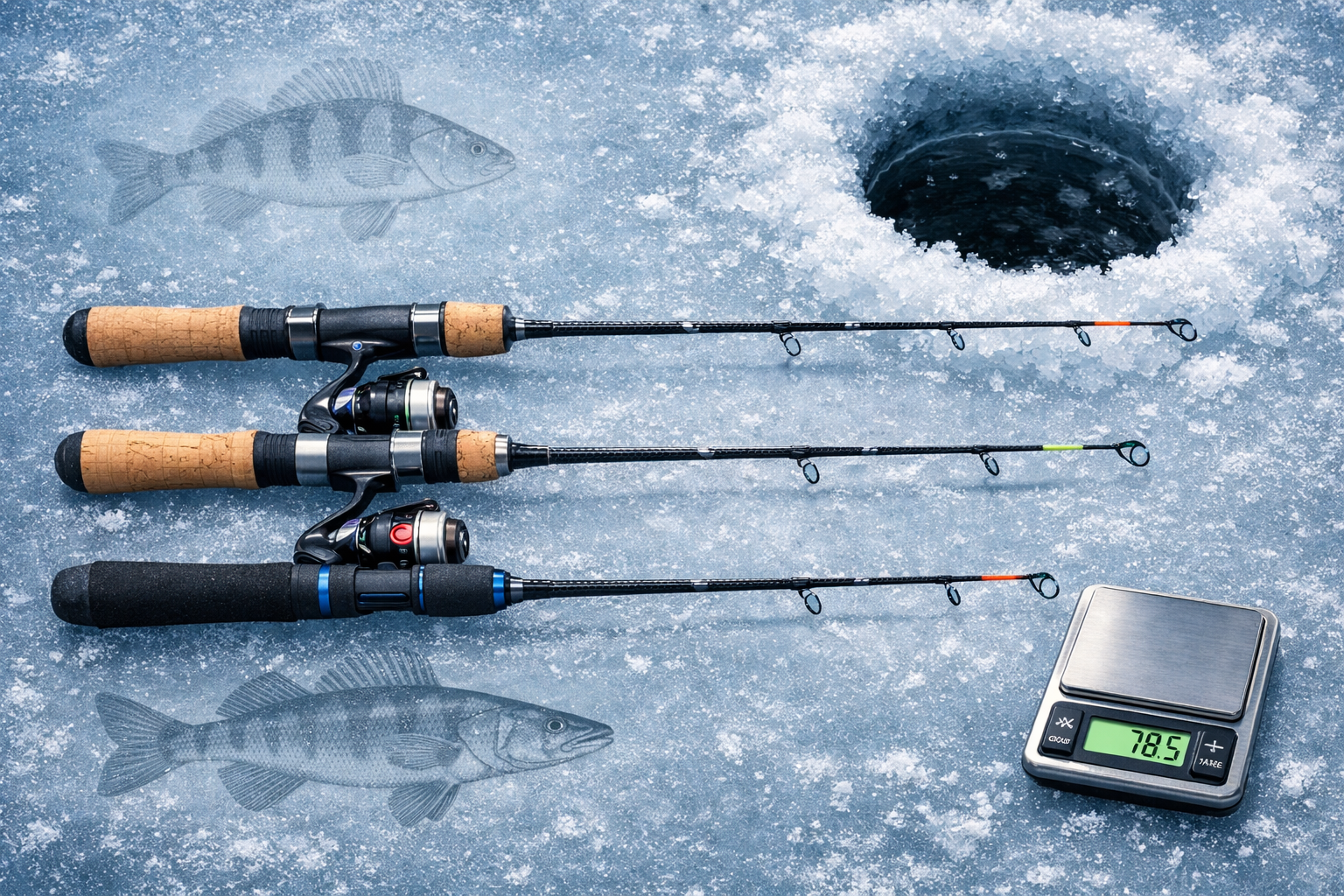Detailed landscape format (1536x1024) image of three premium ice fishing rods laid parallel on a frozen lake surface next to a drilled ice h