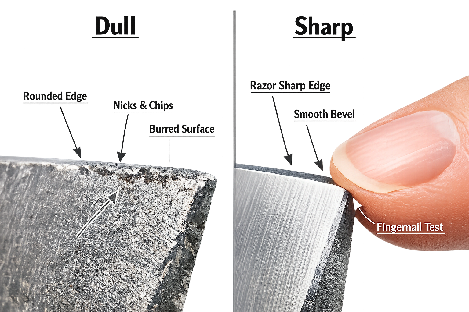 Detailed landscape format (1536x1024) image showing a before-and-after comparison of ice auger blade edges under magnification. Left side la