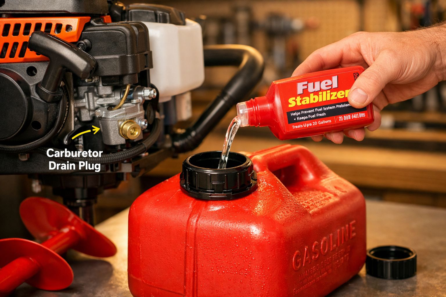 Detailed landscape format (1536x1024) image showing a close-up of a gas ice auger fuel system with a small bottle of fuel stabilizer being p