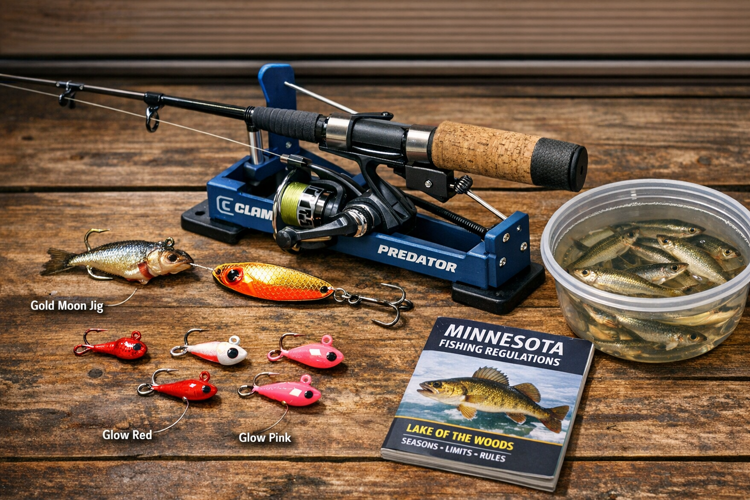 Detailed landscape format (1536x1024) image showing a close-up tactical arrangement of Lake of the Woods walleye ice fishing tackle laid out