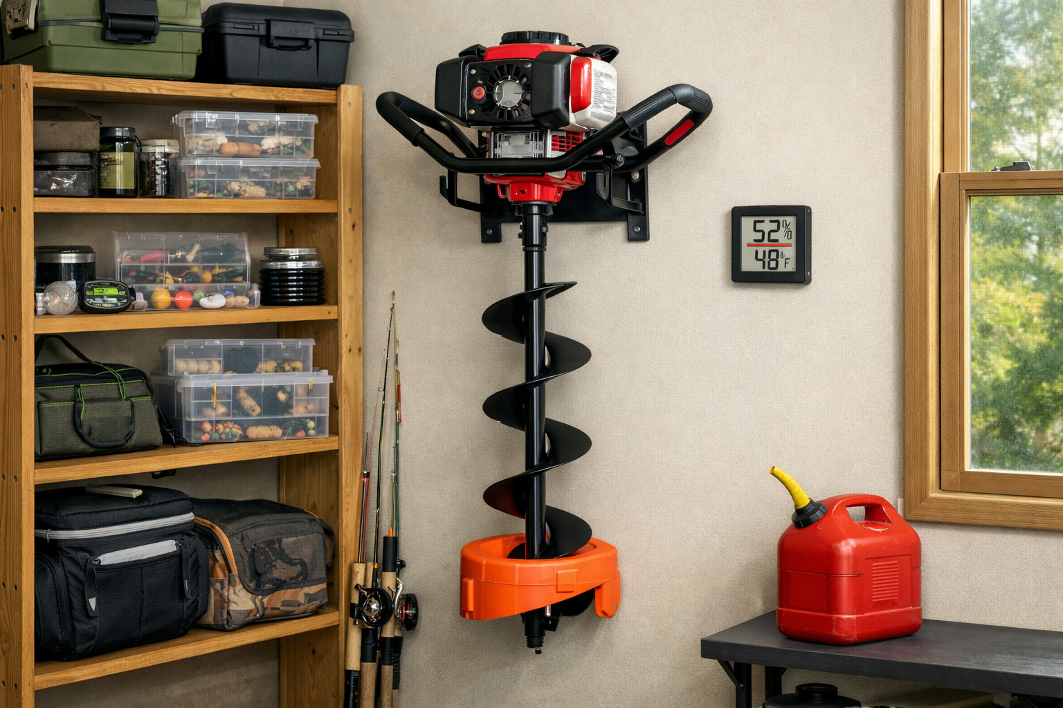 Detailed landscape format (1536x1024) image showing a gas ice auger stored vertically hanging from a garage wall bracket in a cool dry space