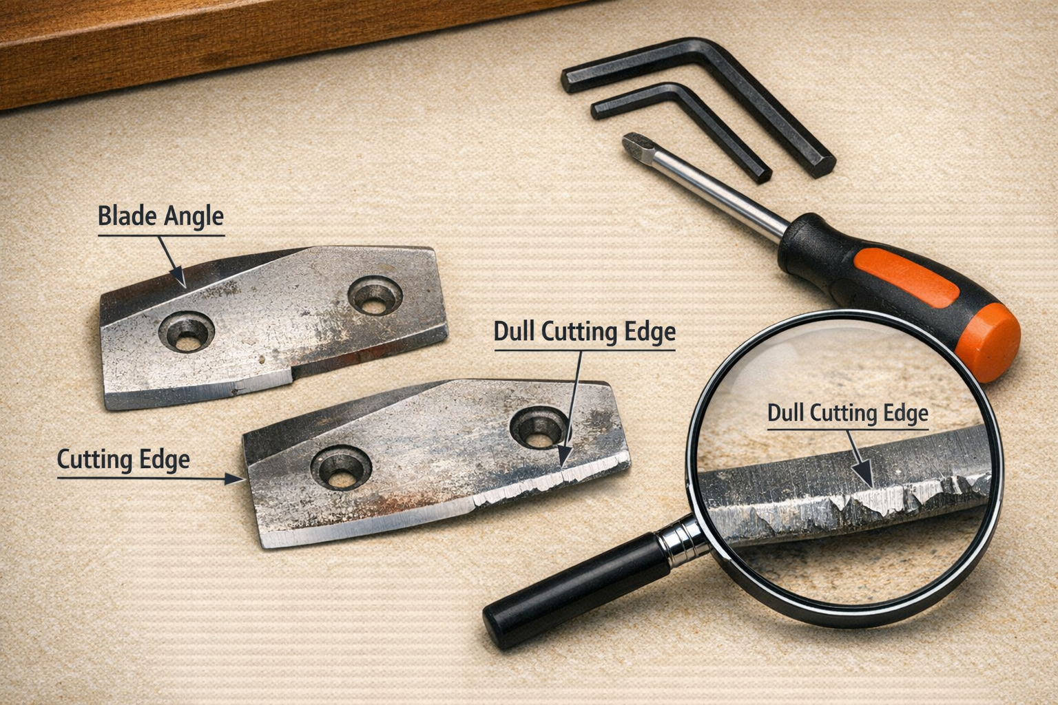 Detailed landscape format (1536x1024) image showing a pair of ice auger blades removed from a power auger head, laid flat on a clean workben