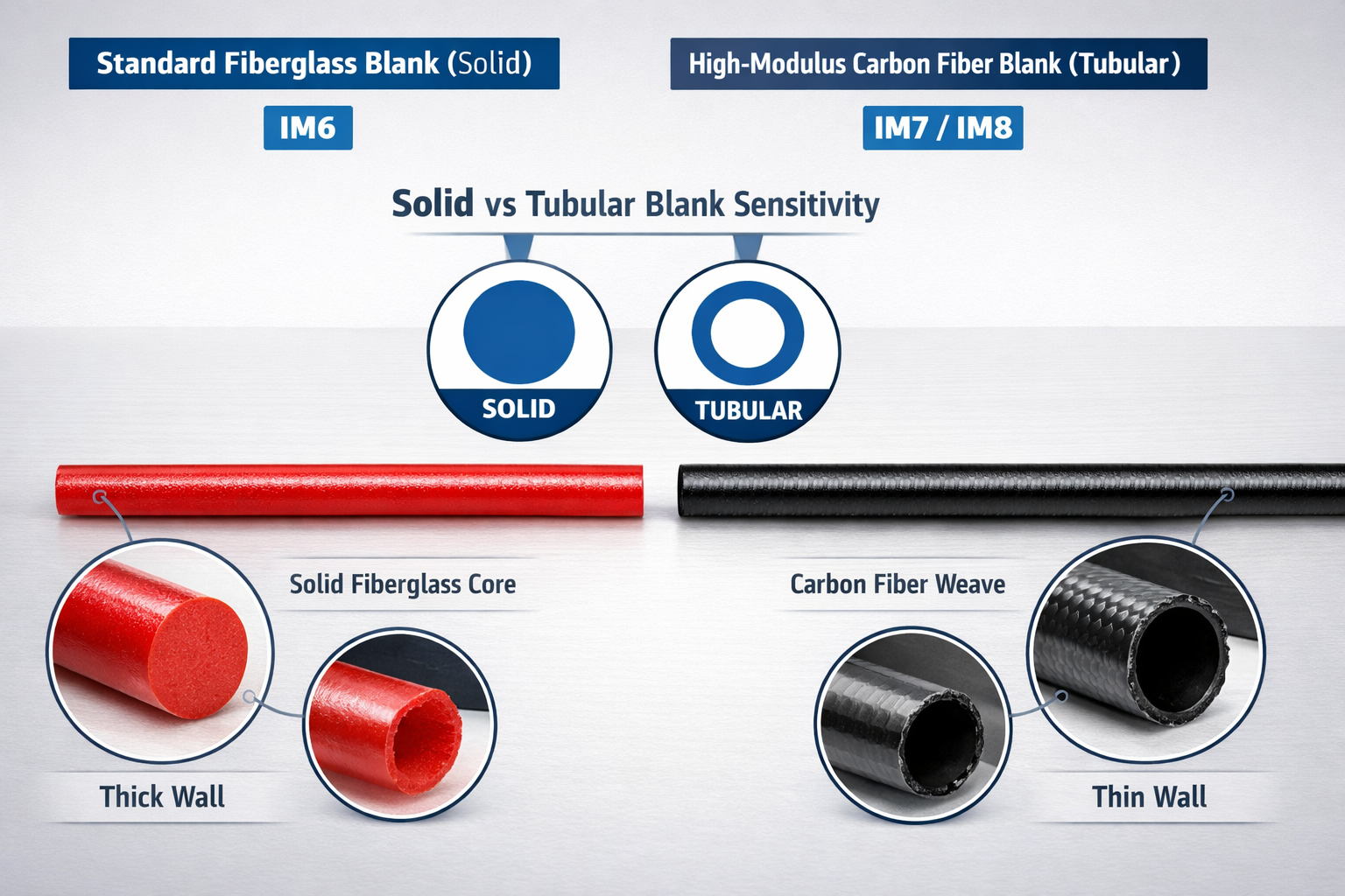 Detailed landscape format (1536x1024) image showing a side-by-side comparison of two ice fishing rod blanks, one standard fiberglass and one