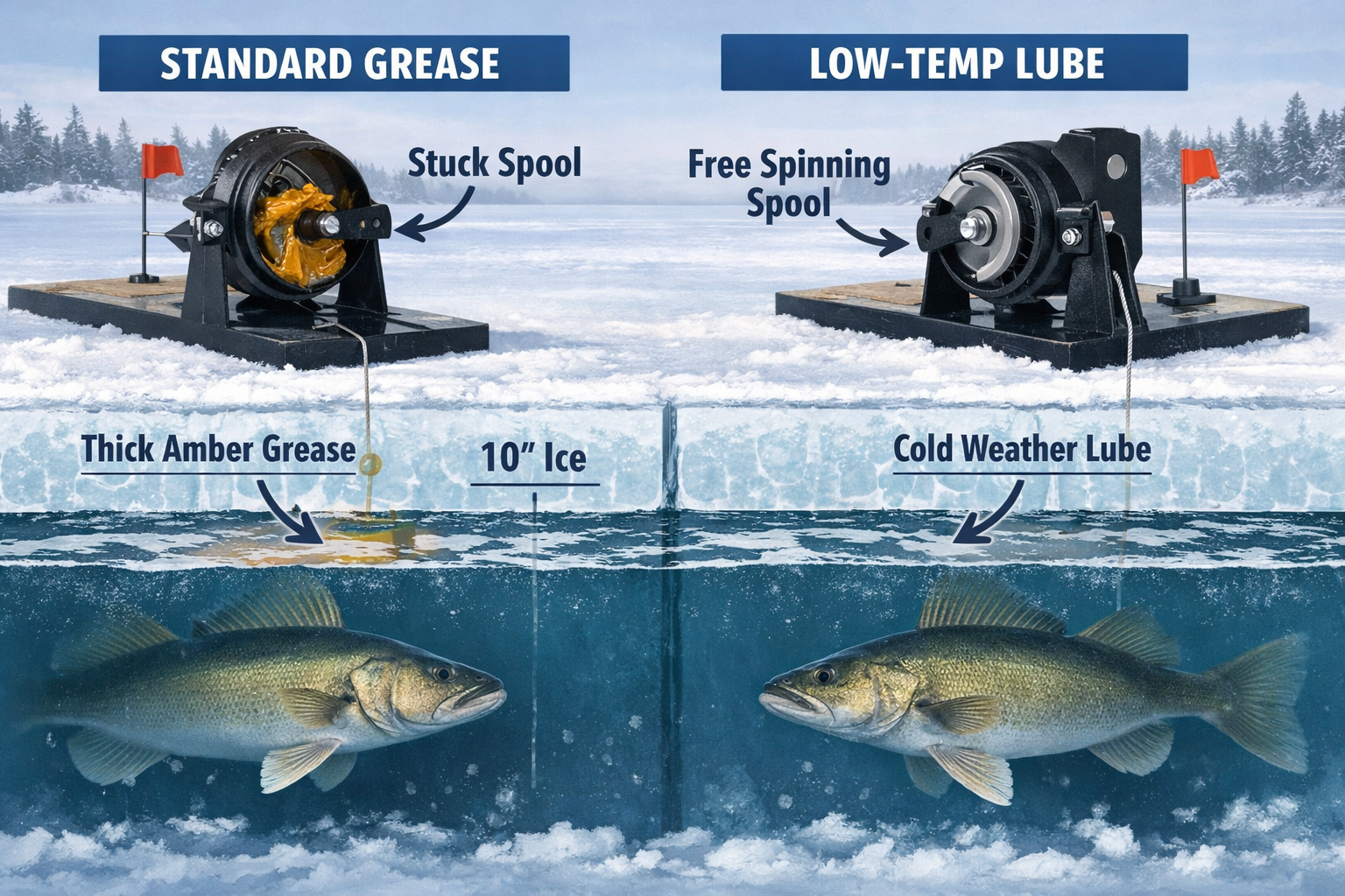 Detailed landscape format (1536x1024) image showing a side-by-side comparison of two ice fishing tip-up reels on a frozen lake surface with 