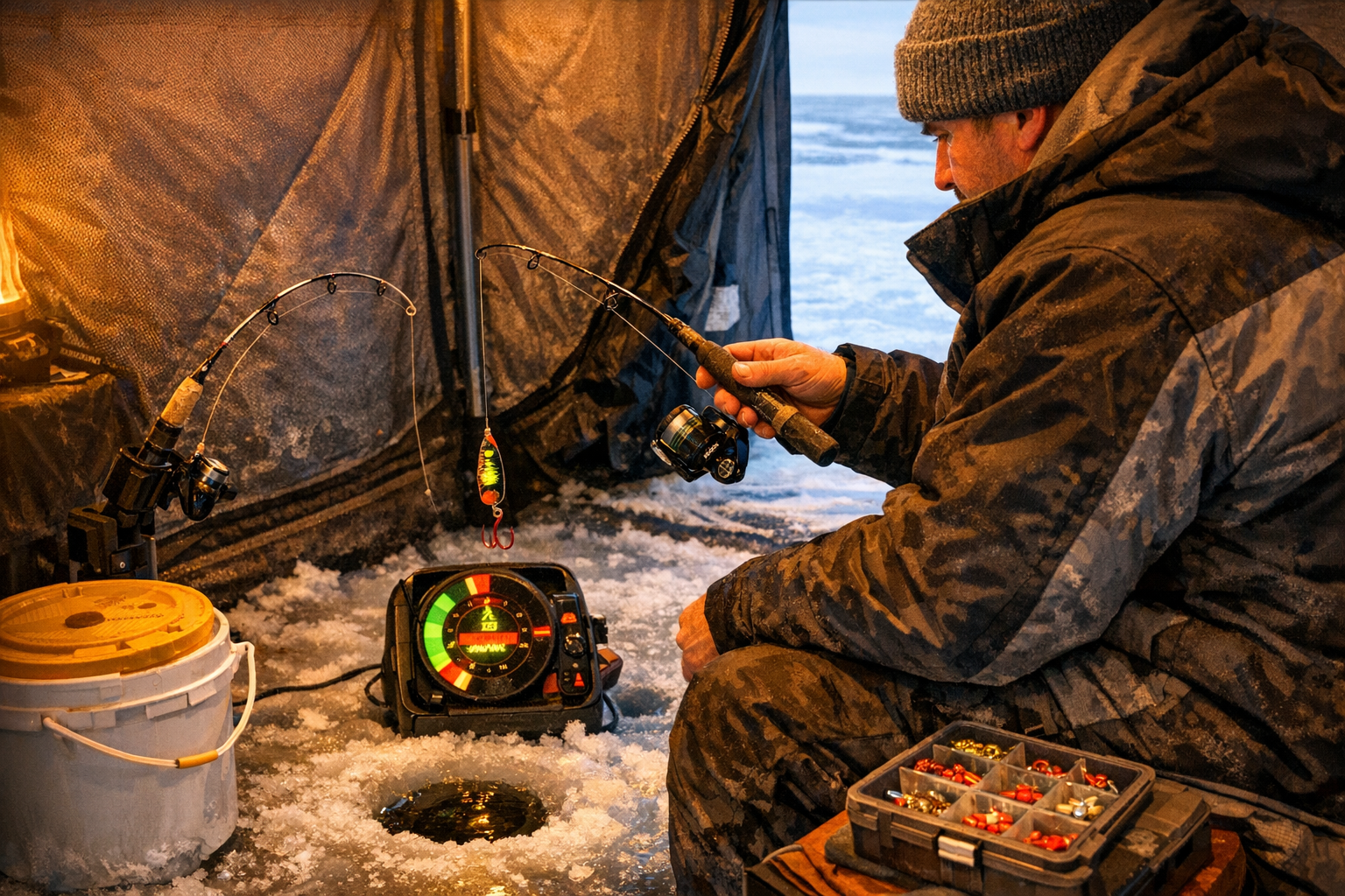 Detailed landscape format (1536x1024) image showing an angler inside a heated ice fishing shelter on Lake of the Woods, two rods visible: on