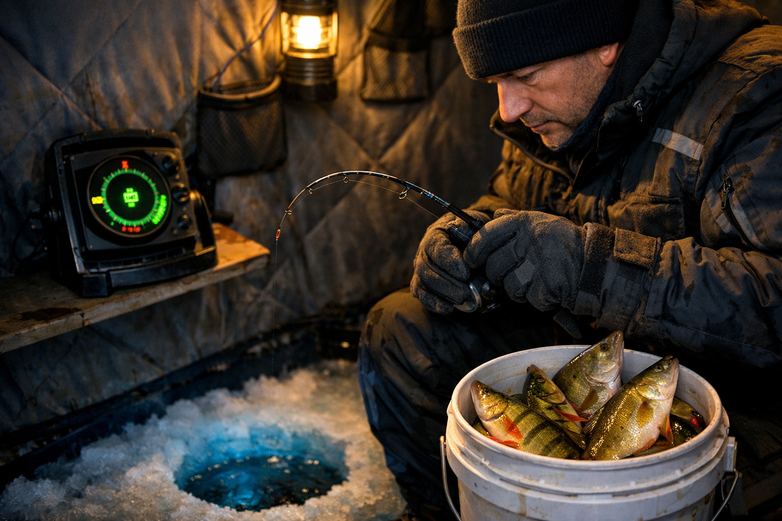 Detailed landscape format (1536x1024) image showing an angler inside a portable ice shelter, rod tip bent slightly detecting a micro-bite, w