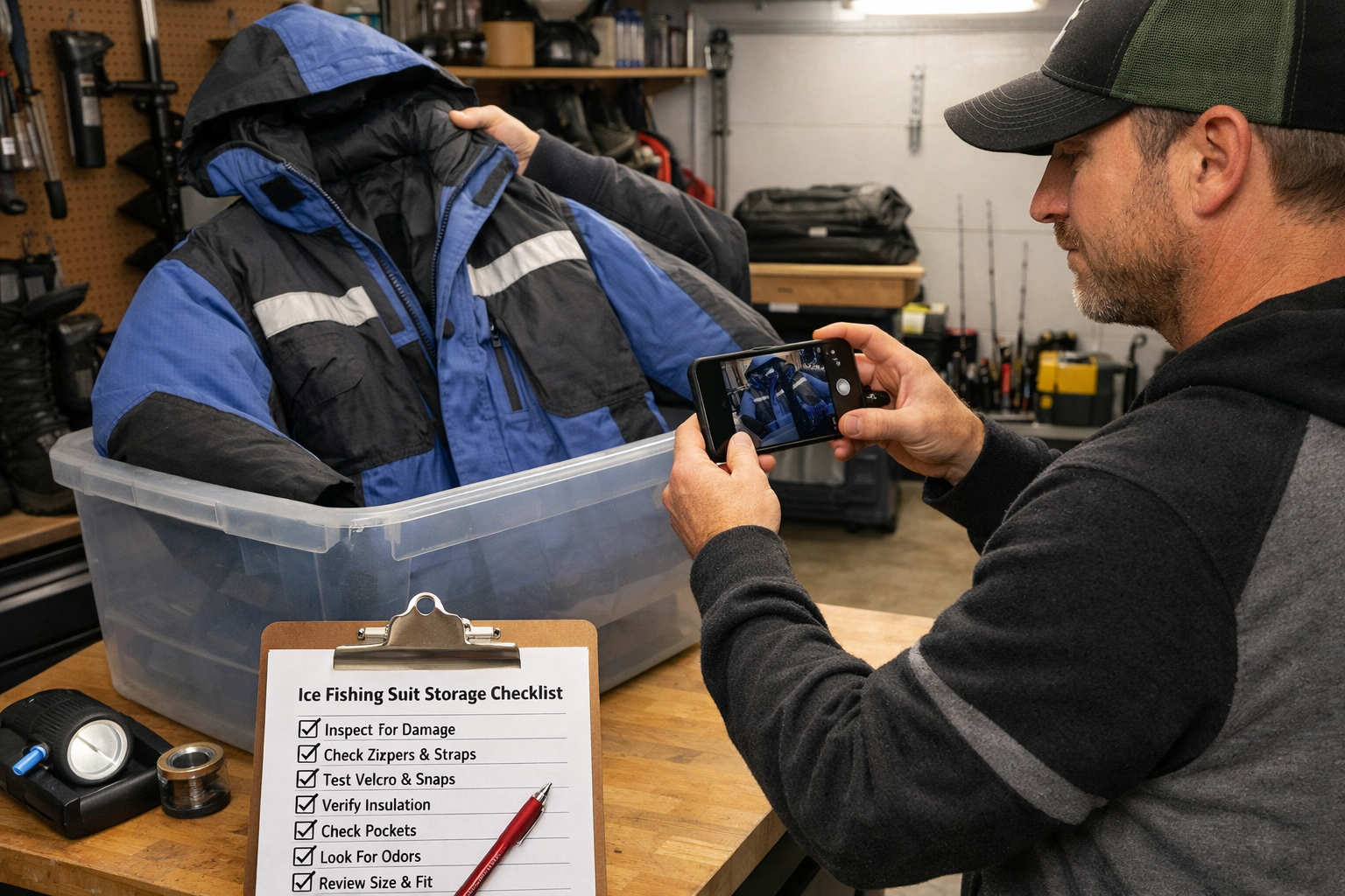 Detailed landscape format (1536x1024) image showing an angler pulling an ice fishing suit out of storage, photographing the suit with a smar
