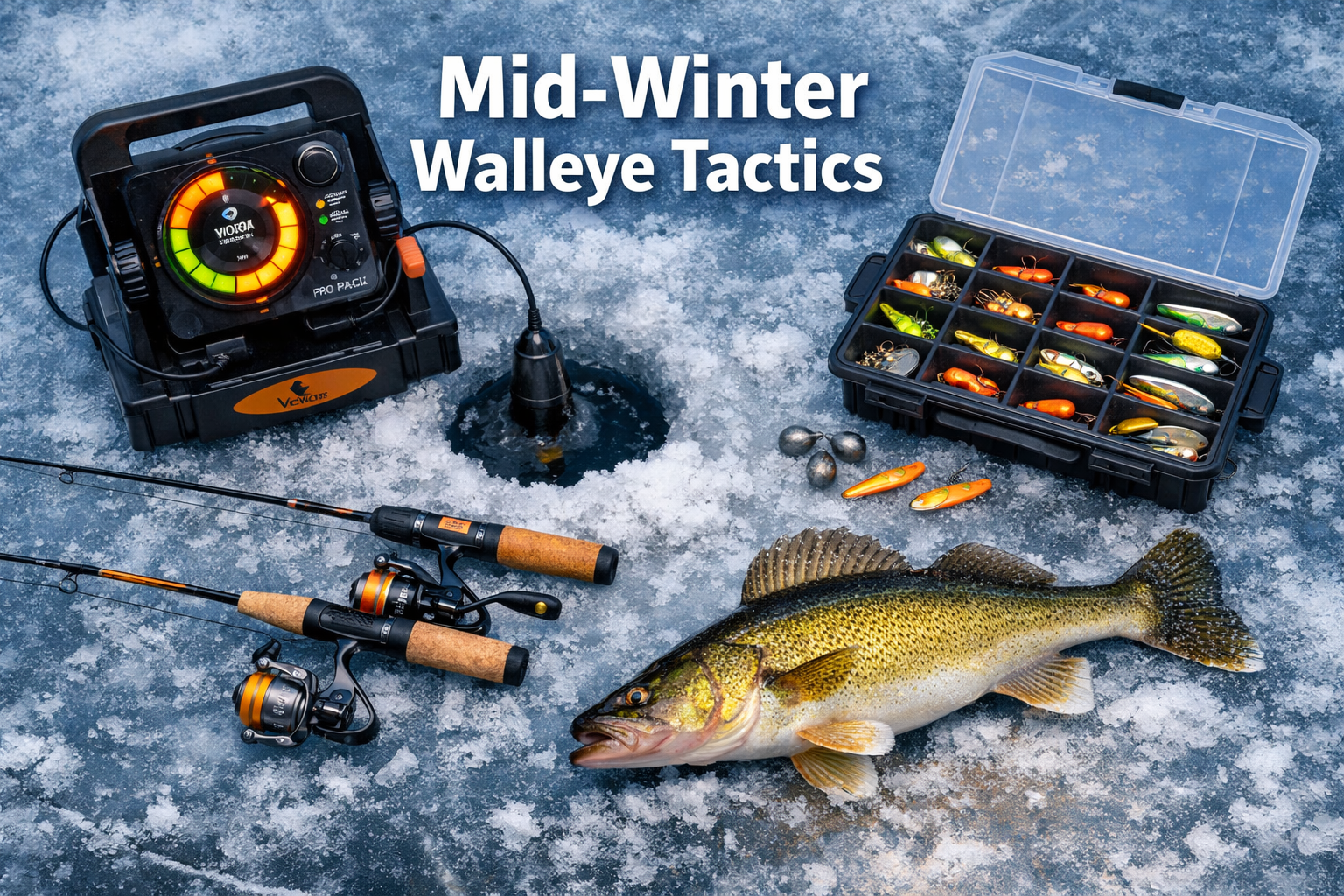 Detailed landscape format (1536x1024) image showing an overhead view of a complete ice fishing tactical setup on frozen lake ice including a